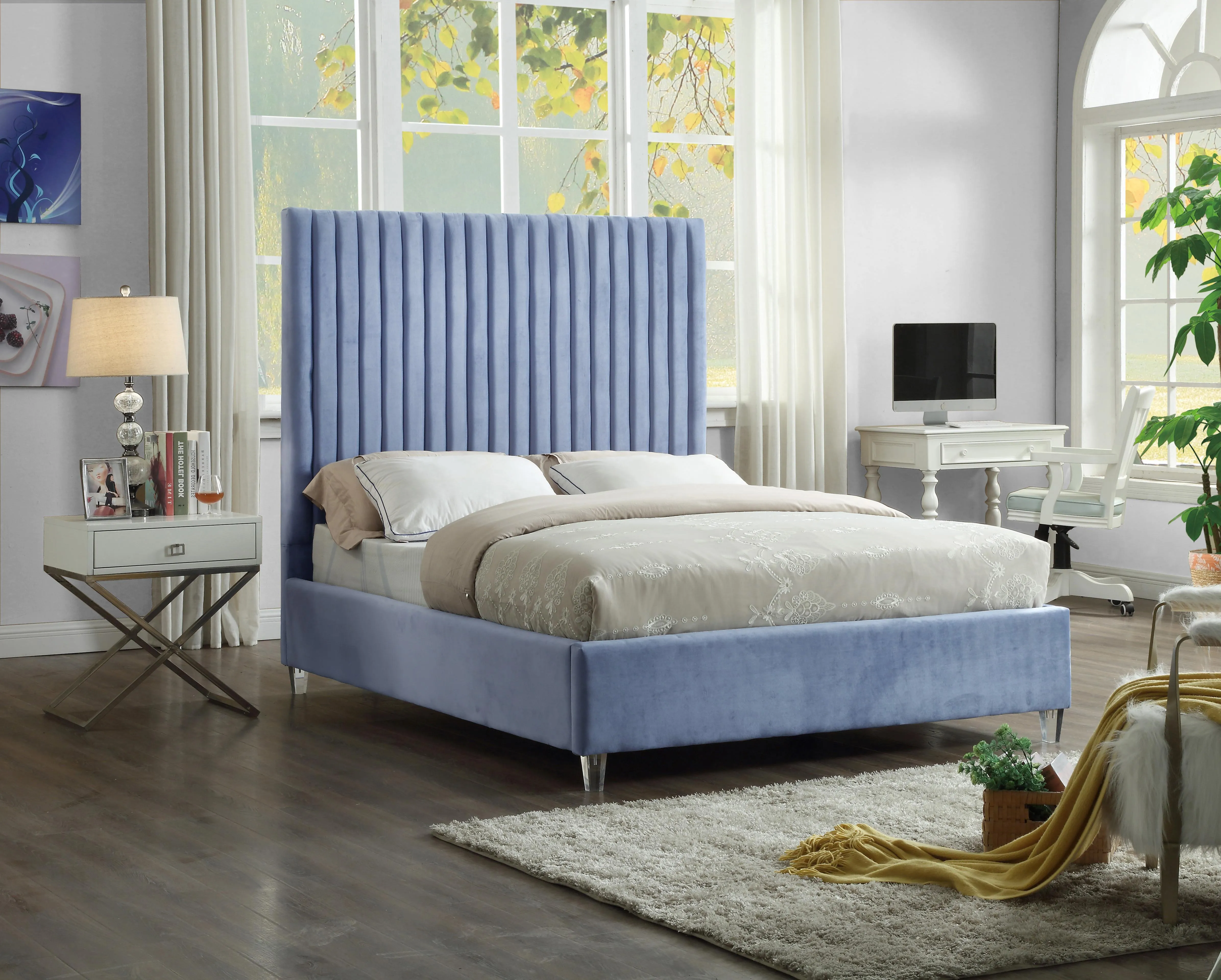 Candace Sky Blue Velvet Full Bed