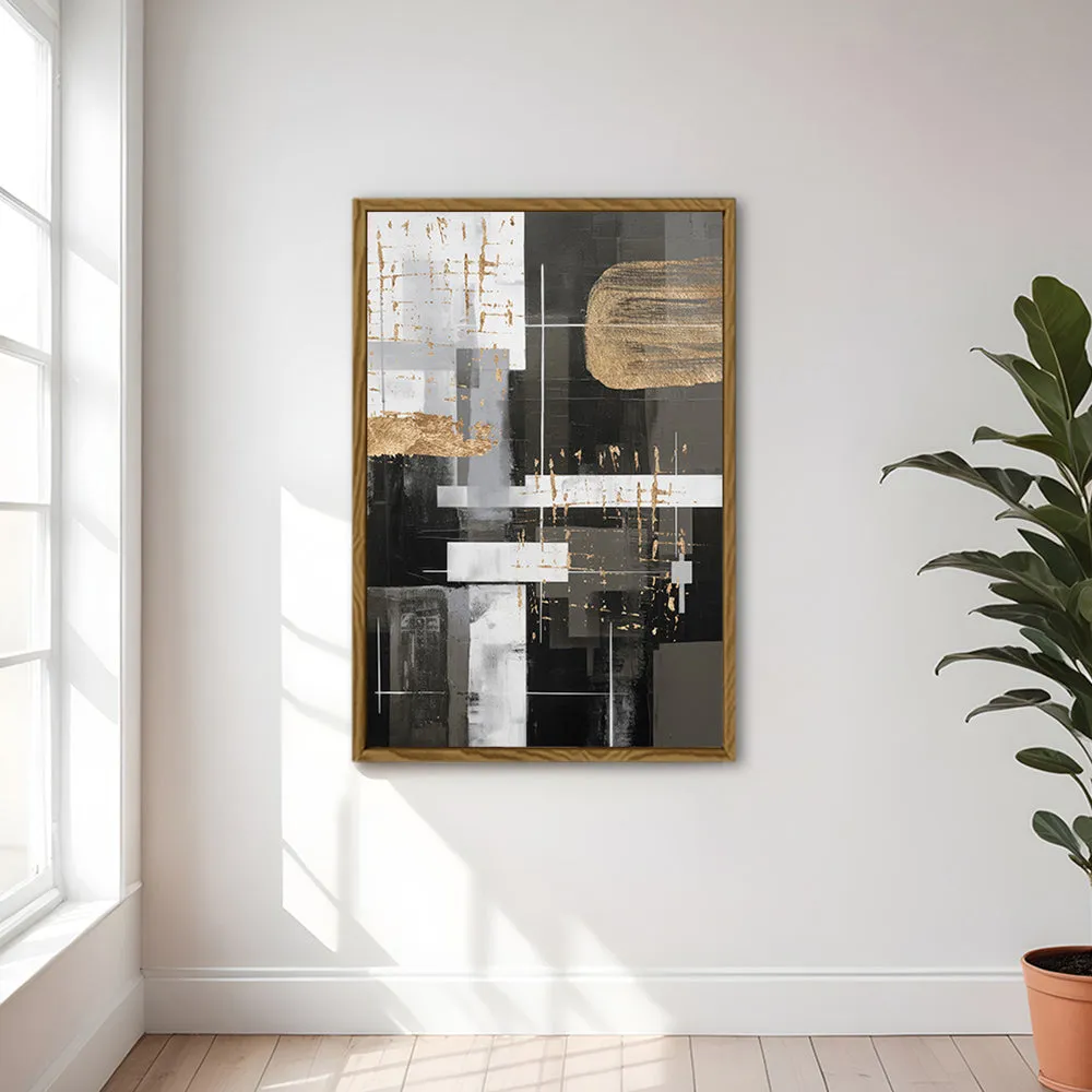 Canvas Wall Art Stretched Over Wooden Frame with Floating Frame and Black And Gold Shapes Painting CV4116