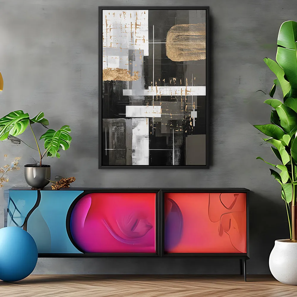 Canvas Wall Art Stretched Over Wooden Frame with Floating Frame and Black And Gold Shapes Painting CV4116