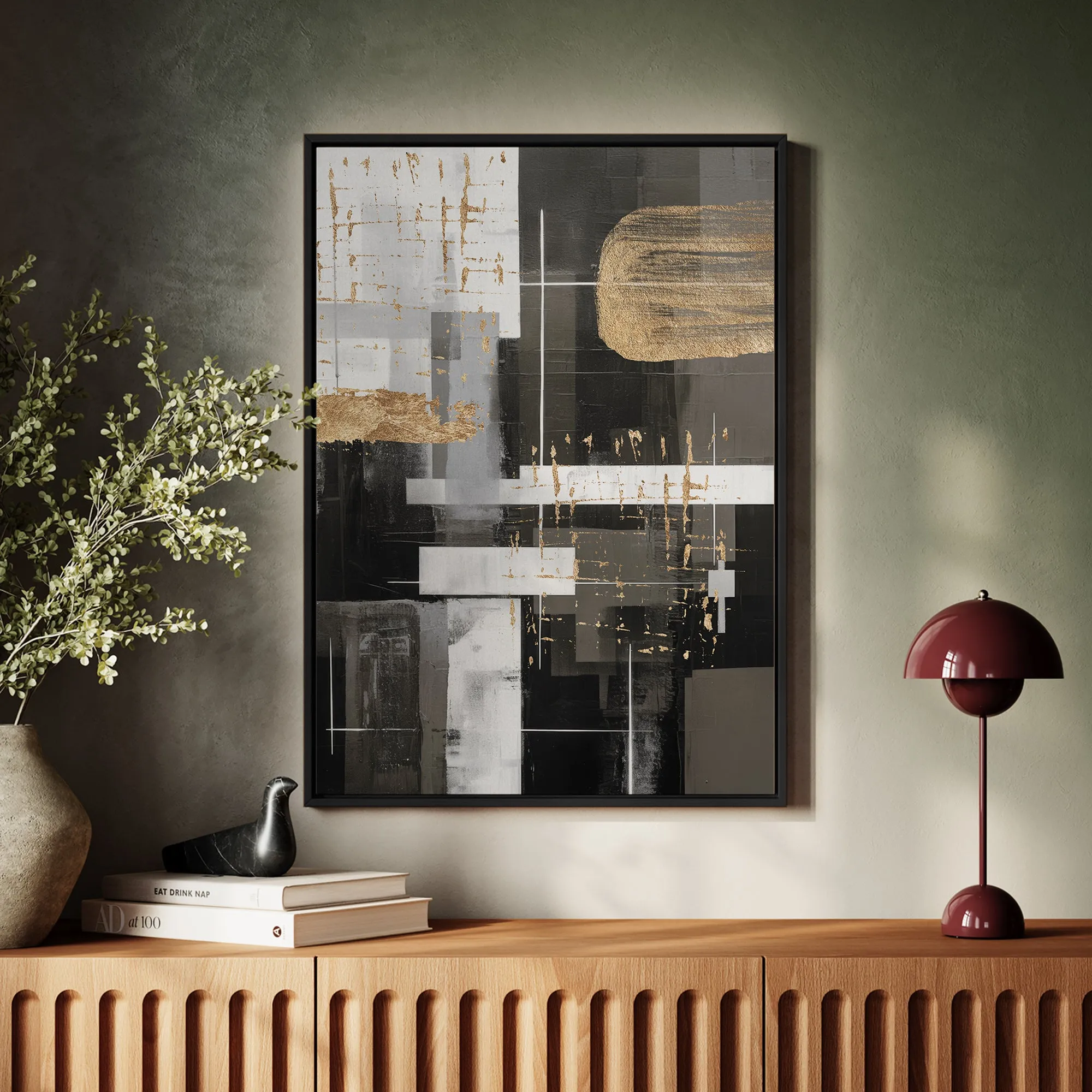 Canvas Wall Art Stretched Over Wooden Frame with Floating Frame and Black And Gold Shapes Painting CV4116