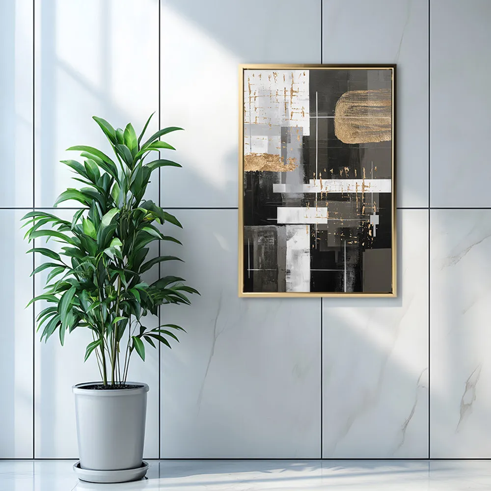 Canvas Wall Art Stretched Over Wooden Frame with Floating Frame and Black And Gold Shapes Painting CV4116