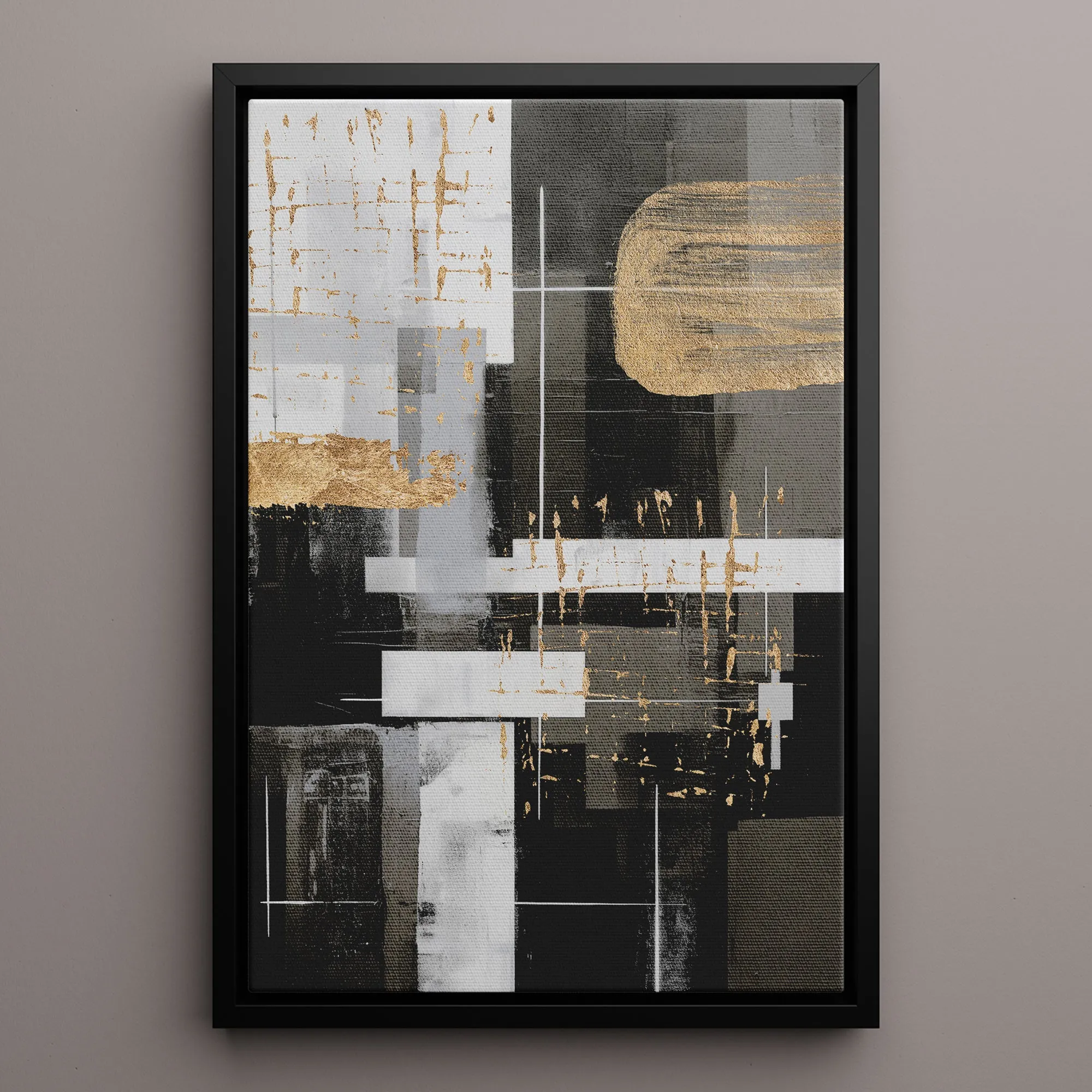 Canvas Wall Art Stretched Over Wooden Frame with Floating Frame and Black And Gold Shapes Painting CV4116