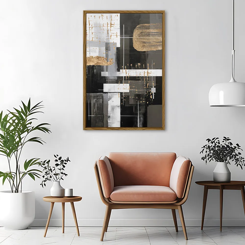 Canvas Wall Art Stretched Over Wooden Frame with Floating Frame and Black And Gold Shapes Painting CV4116
