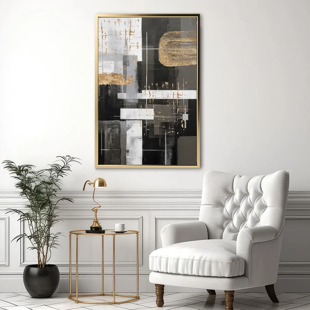 Canvas Wall Art Stretched Over Wooden Frame with Floating Frame and Black And Gold Shapes Painting CV4116