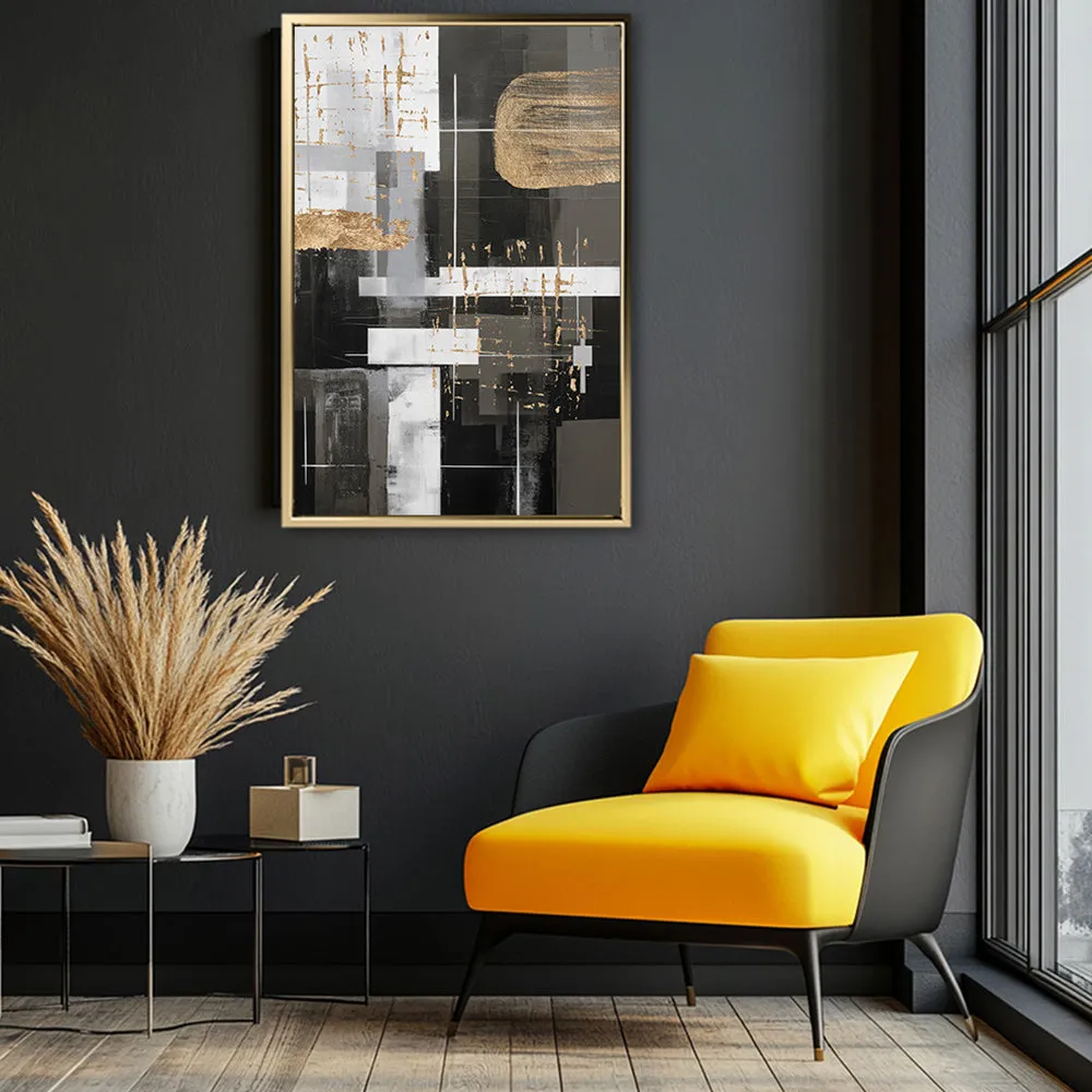 Canvas Wall Art Stretched Over Wooden Frame with Floating Frame and Black And Gold Shapes Painting CV4116