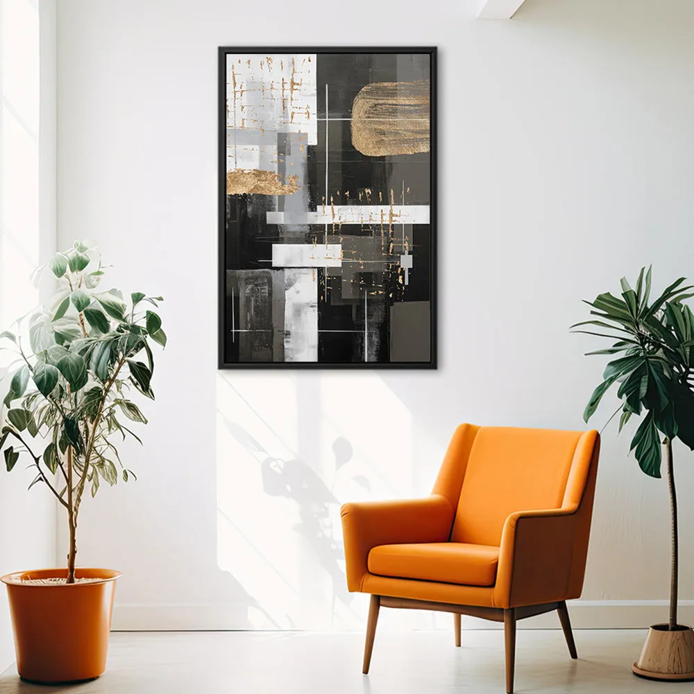 Canvas Wall Art Stretched Over Wooden Frame with Floating Frame and Black And Gold Shapes Painting CV4116