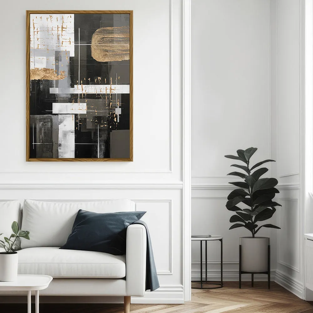 Canvas Wall Art Stretched Over Wooden Frame with Floating Frame and Black And Gold Shapes Painting CV4116