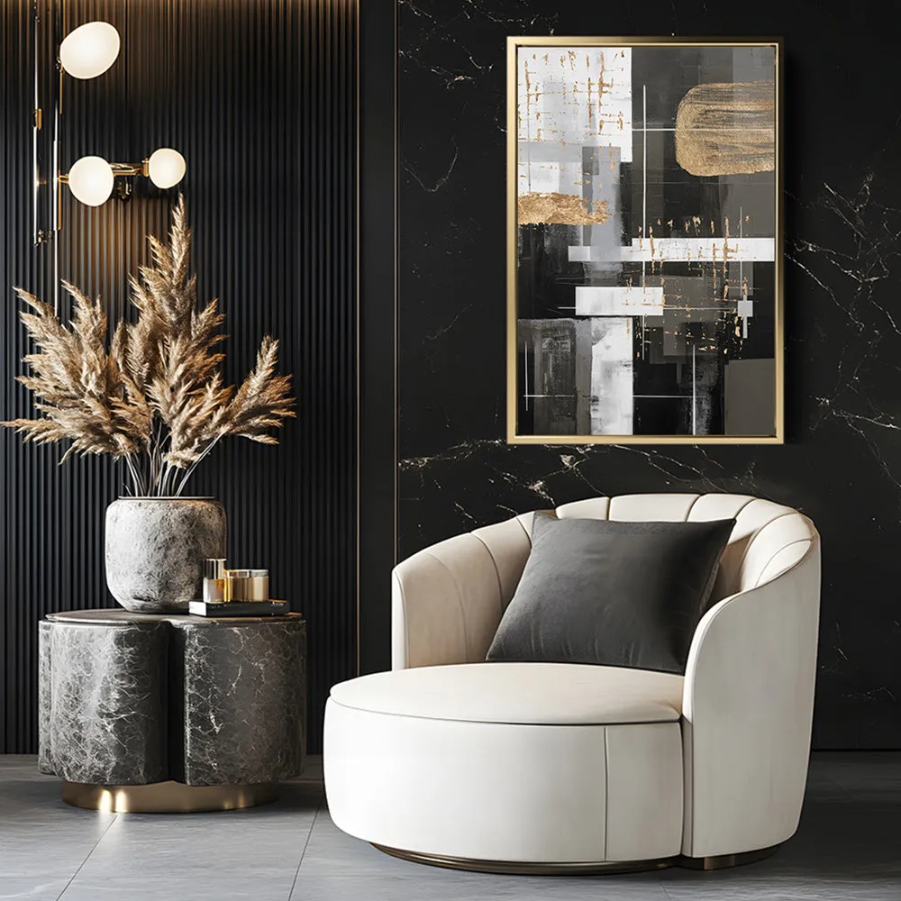 Canvas Wall Art Stretched Over Wooden Frame with Floating Frame and Black And Gold Shapes Painting CV4116