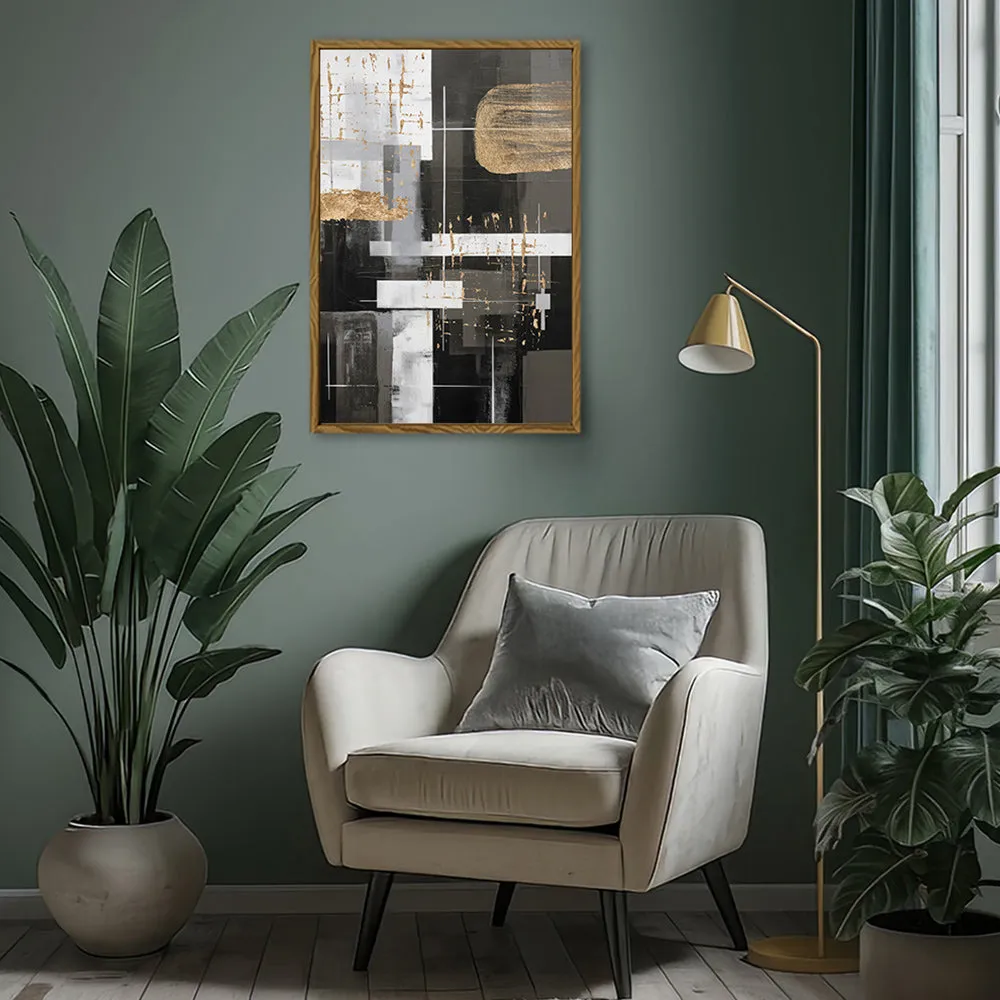 Canvas Wall Art Stretched Over Wooden Frame with Floating Frame and Black And Gold Shapes Painting CV4116