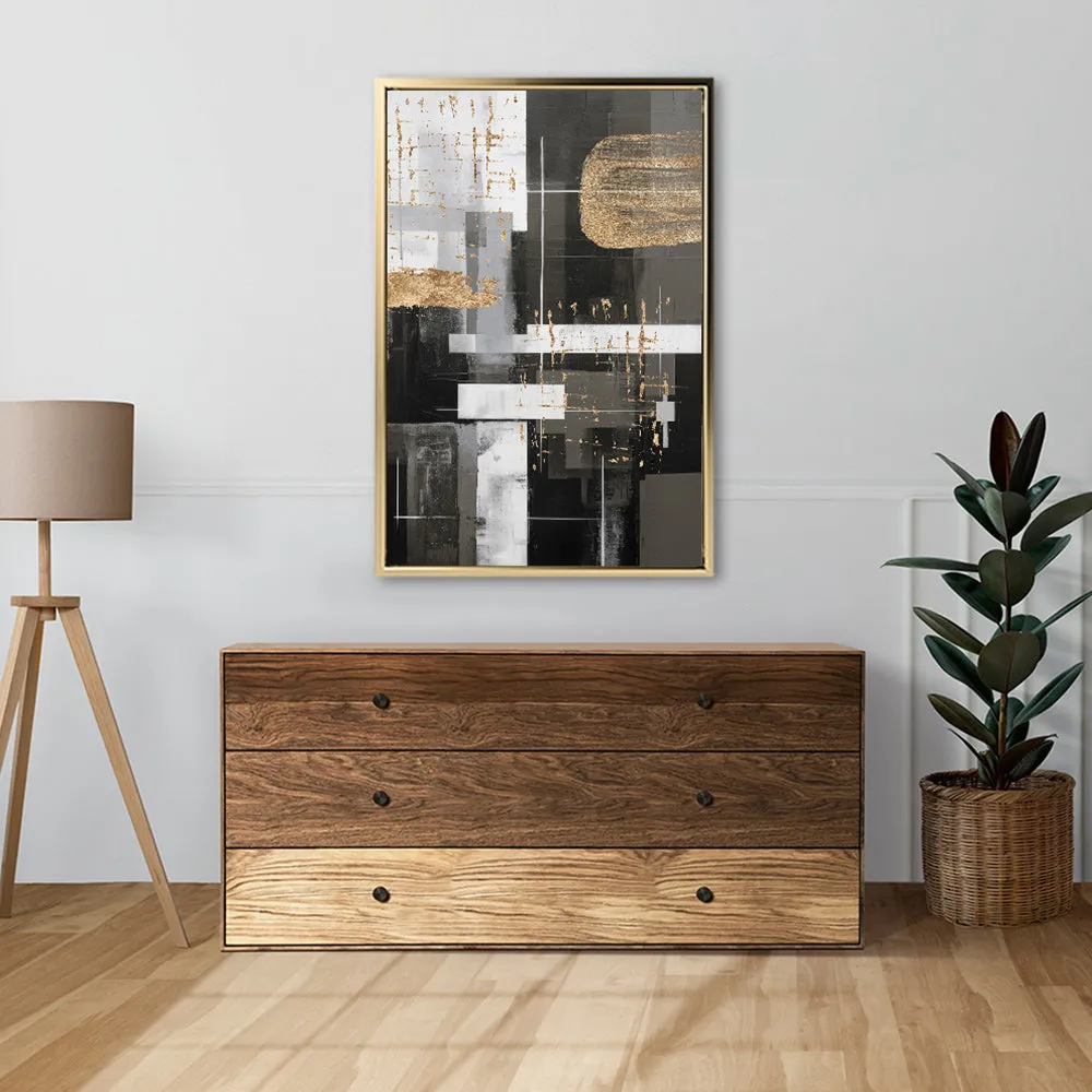 Canvas Wall Art Stretched Over Wooden Frame with Floating Frame and Black And Gold Shapes Painting CV4116