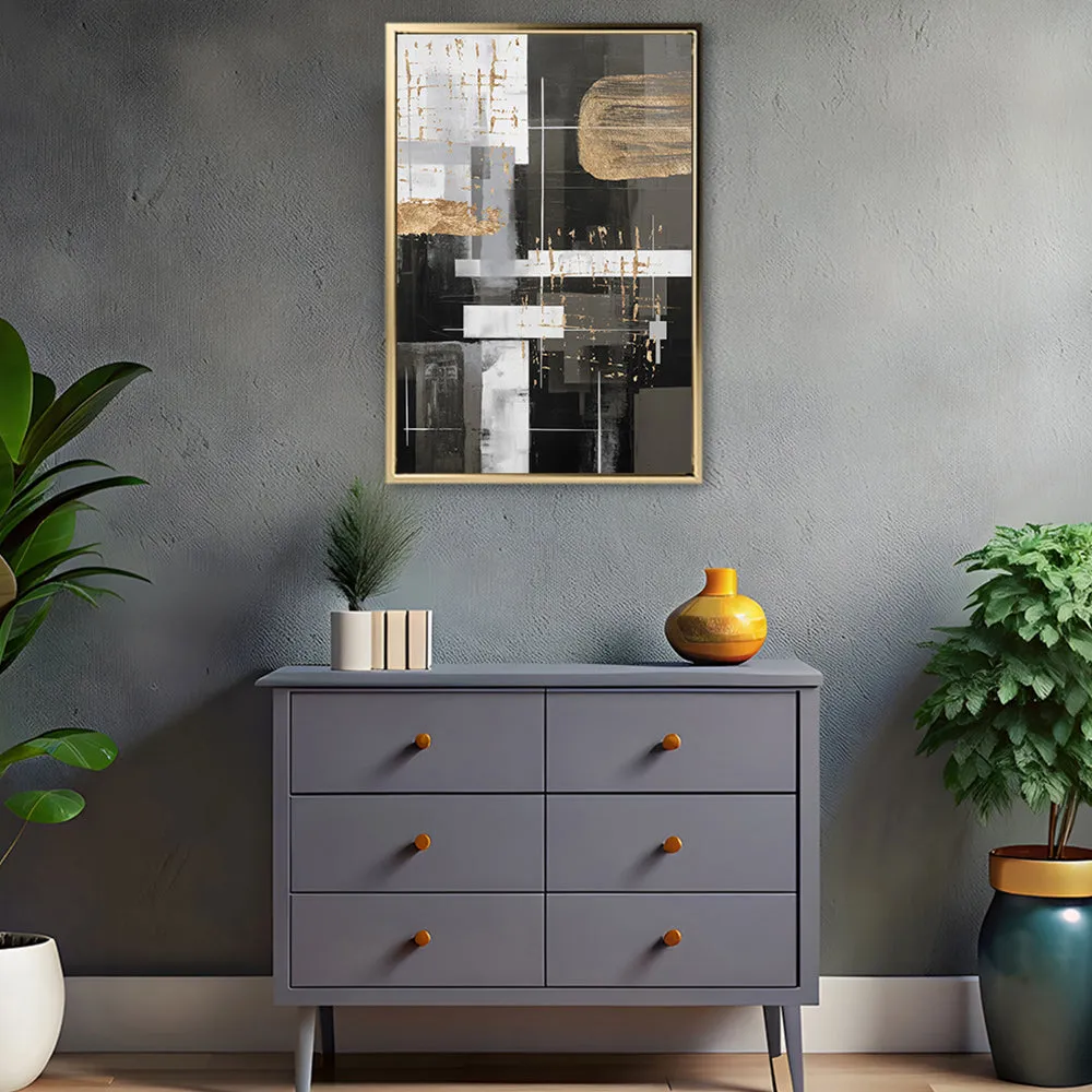 Canvas Wall Art Stretched Over Wooden Frame with Floating Frame and Black And Gold Shapes Painting CV4116