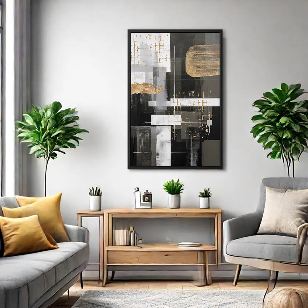 Canvas Wall Art Stretched Over Wooden Frame with Floating Frame and Black And Gold Shapes Painting CV4116