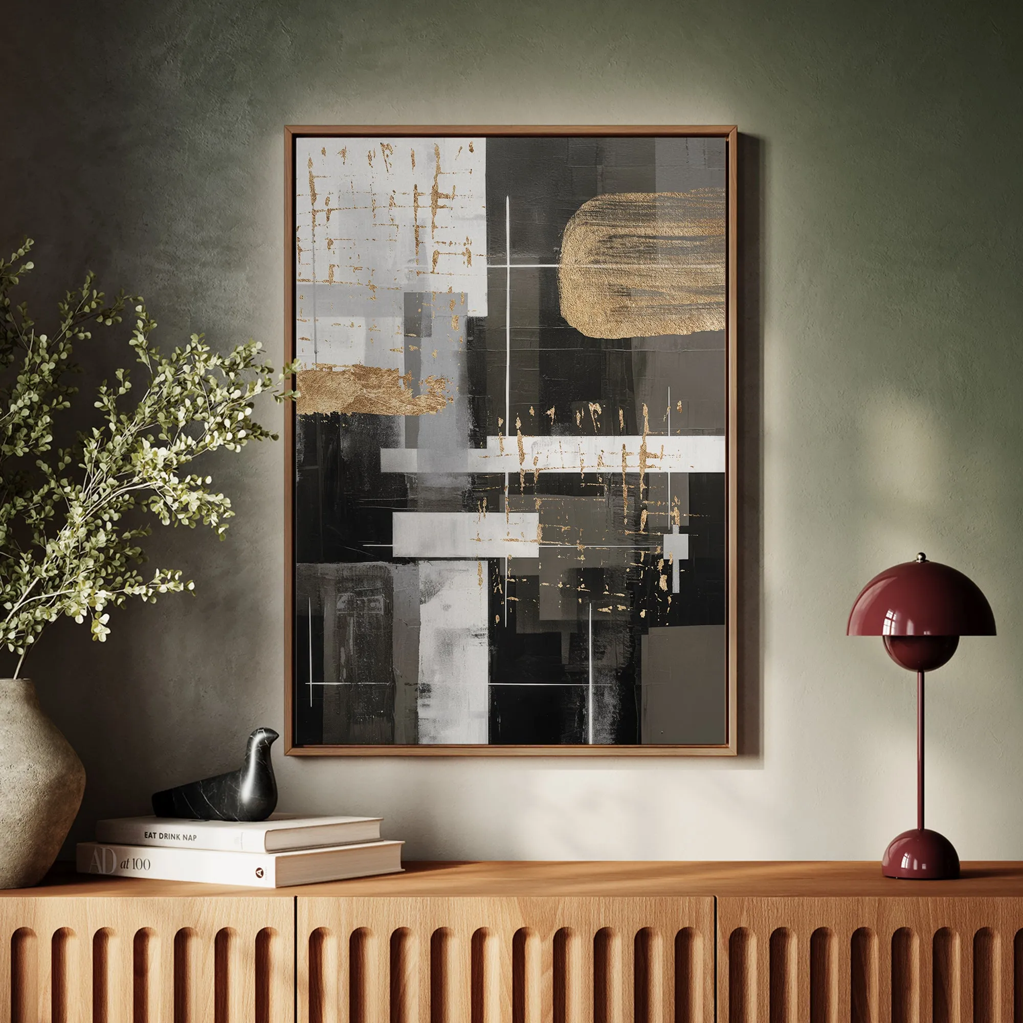 Canvas Wall Art Stretched Over Wooden Frame with Floating Frame and Black And Gold Shapes Painting CV4116