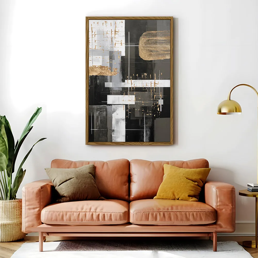 Canvas Wall Art Stretched Over Wooden Frame with Floating Frame and Black And Gold Shapes Painting CV4116