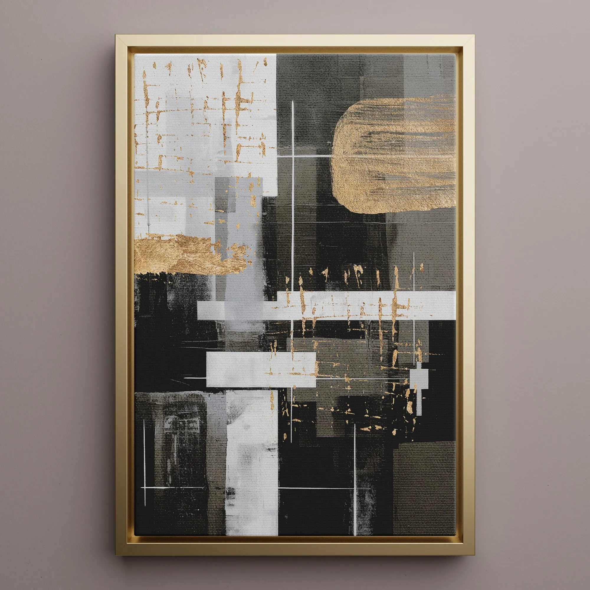 Canvas Wall Art Stretched Over Wooden Frame with Floating Frame and Black And Gold Shapes Painting CV4116