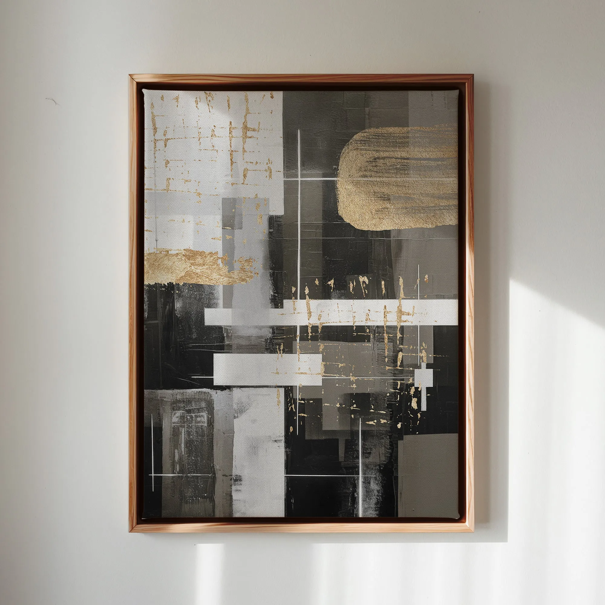 Canvas Wall Art Stretched Over Wooden Frame with Floating Frame and Black And Gold Shapes Painting CV4116