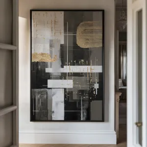 Canvas Wall Art Stretched Over Wooden Frame with Floating Frame and Black And Gold Shapes Painting CV4116