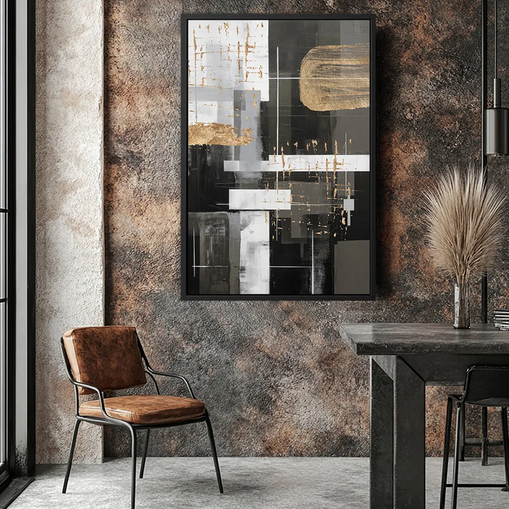 Canvas Wall Art Stretched Over Wooden Frame with Floating Frame and Black And Gold Shapes Painting CV4116