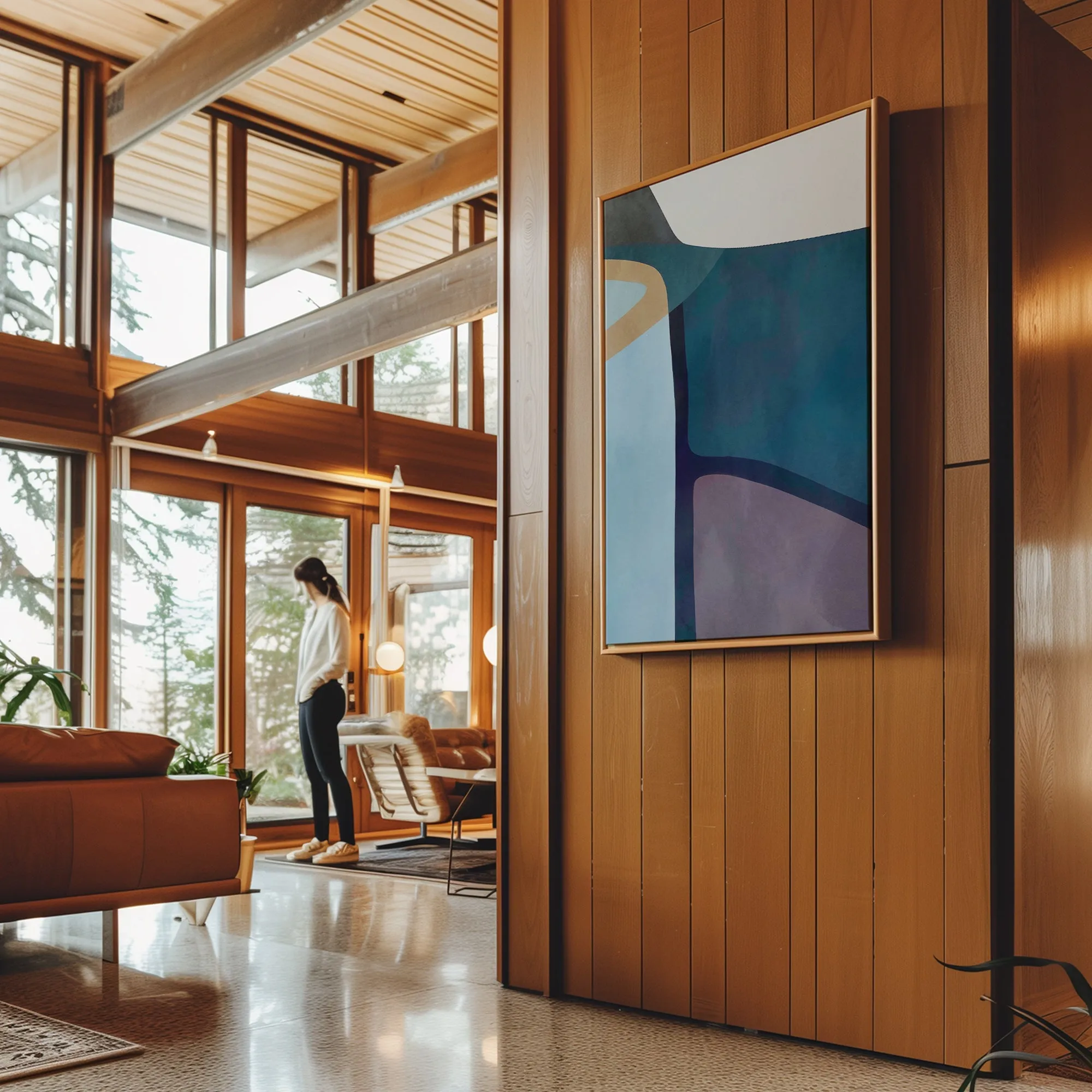 Canvas Wall Art Stretched Over Wooden Frame with Floating Frame and Cool Tones Abstract Painting CV4143