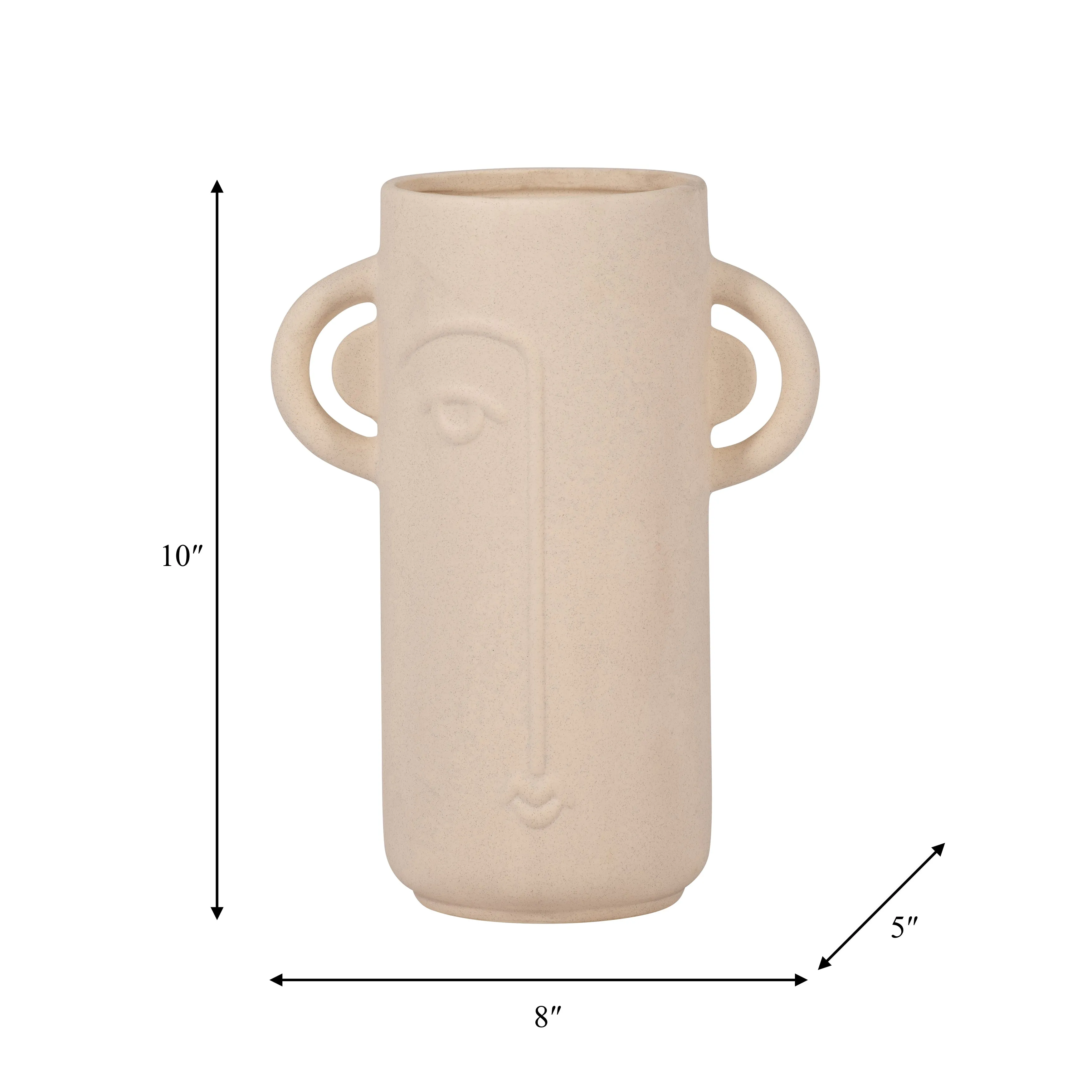 Cer, 10" Face Vase W/ Handles, Ivory