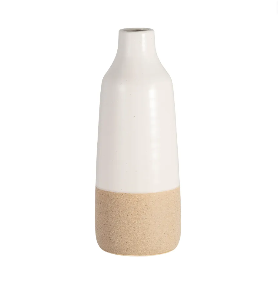 CER, 12" BOTTLE VASE, WHITE/TAN