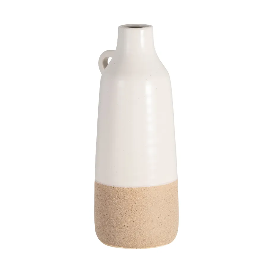 CER, 12" BOTTLE VASE, WHITE/TAN