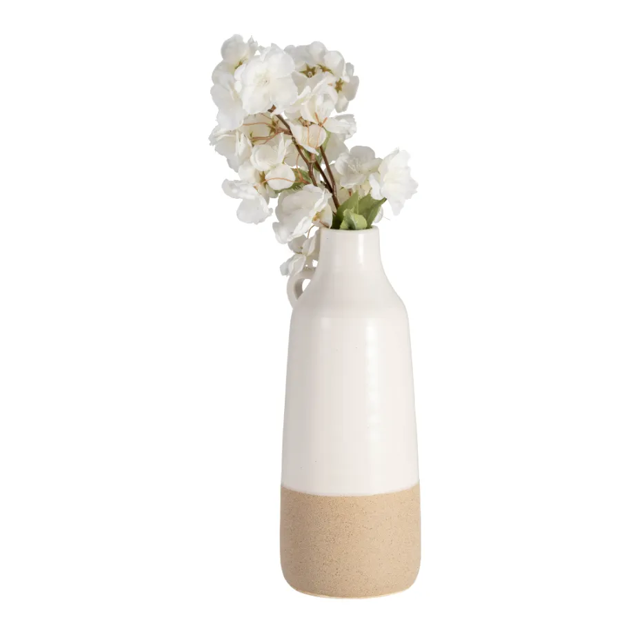 CER, 12" BOTTLE VASE, WHITE/TAN