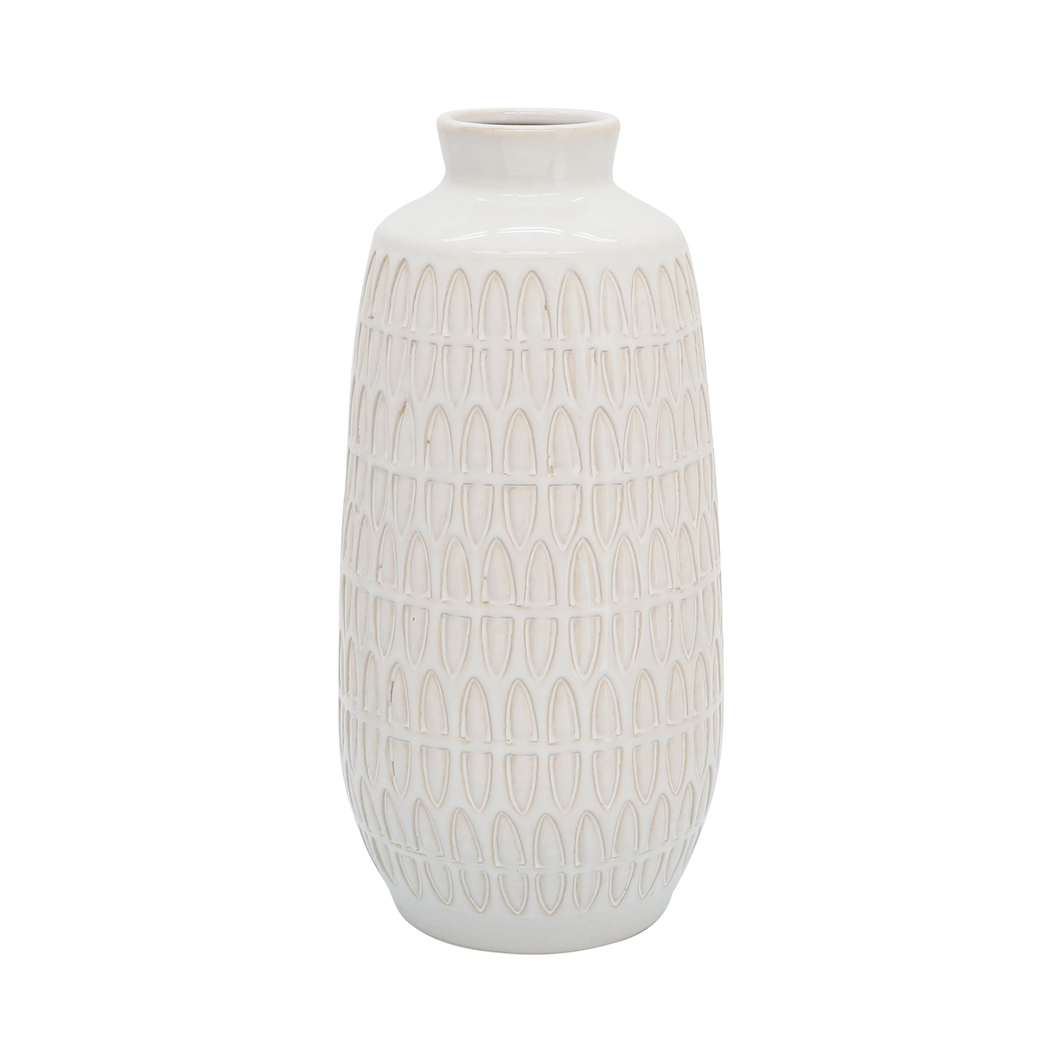 CER, 12"H CARVED VASE, BEIGE