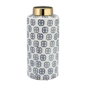 CER, 13"H MODERN GINGER JAR, NAVY/WHITE