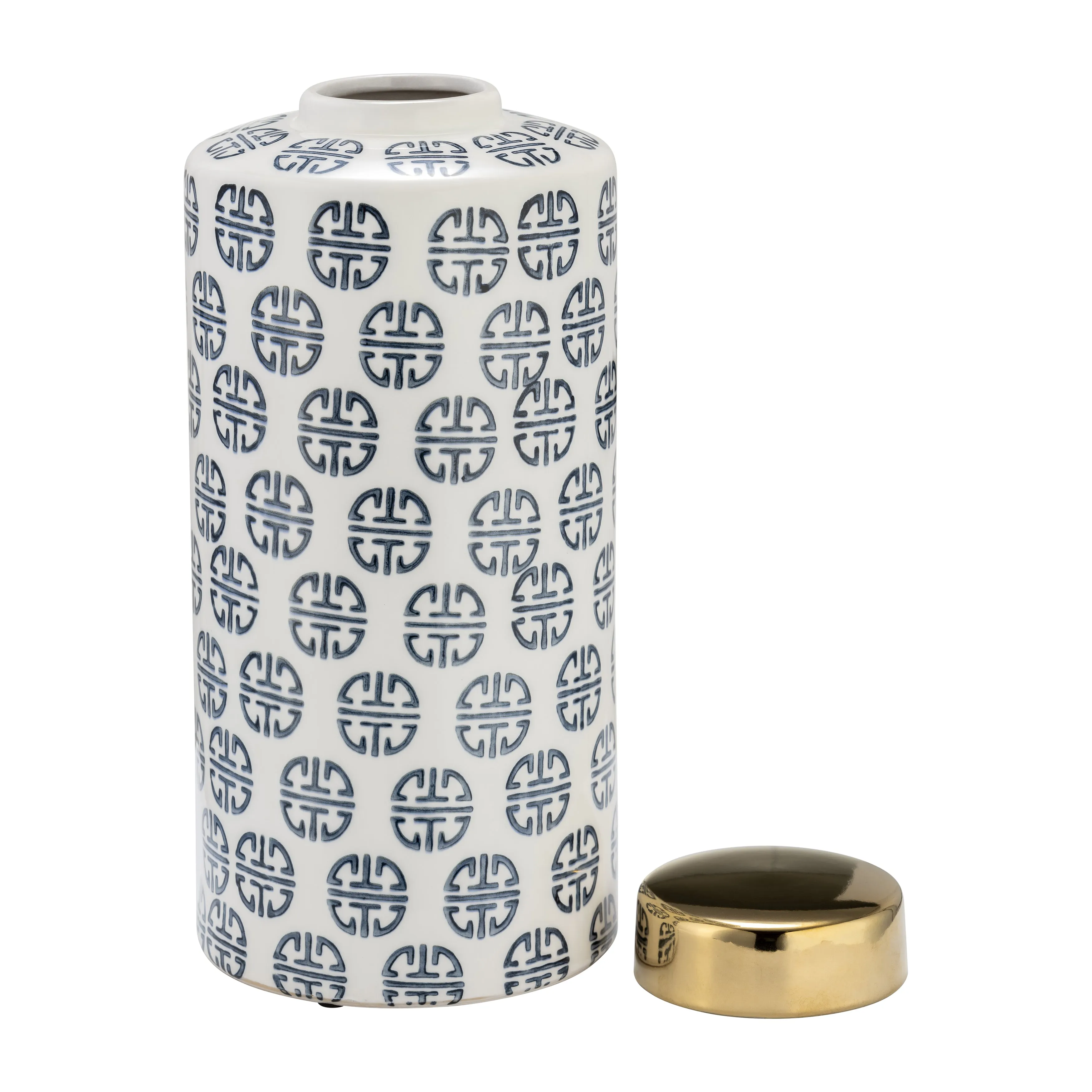 CER, 13"H MODERN GINGER JAR, NAVY/WHITE