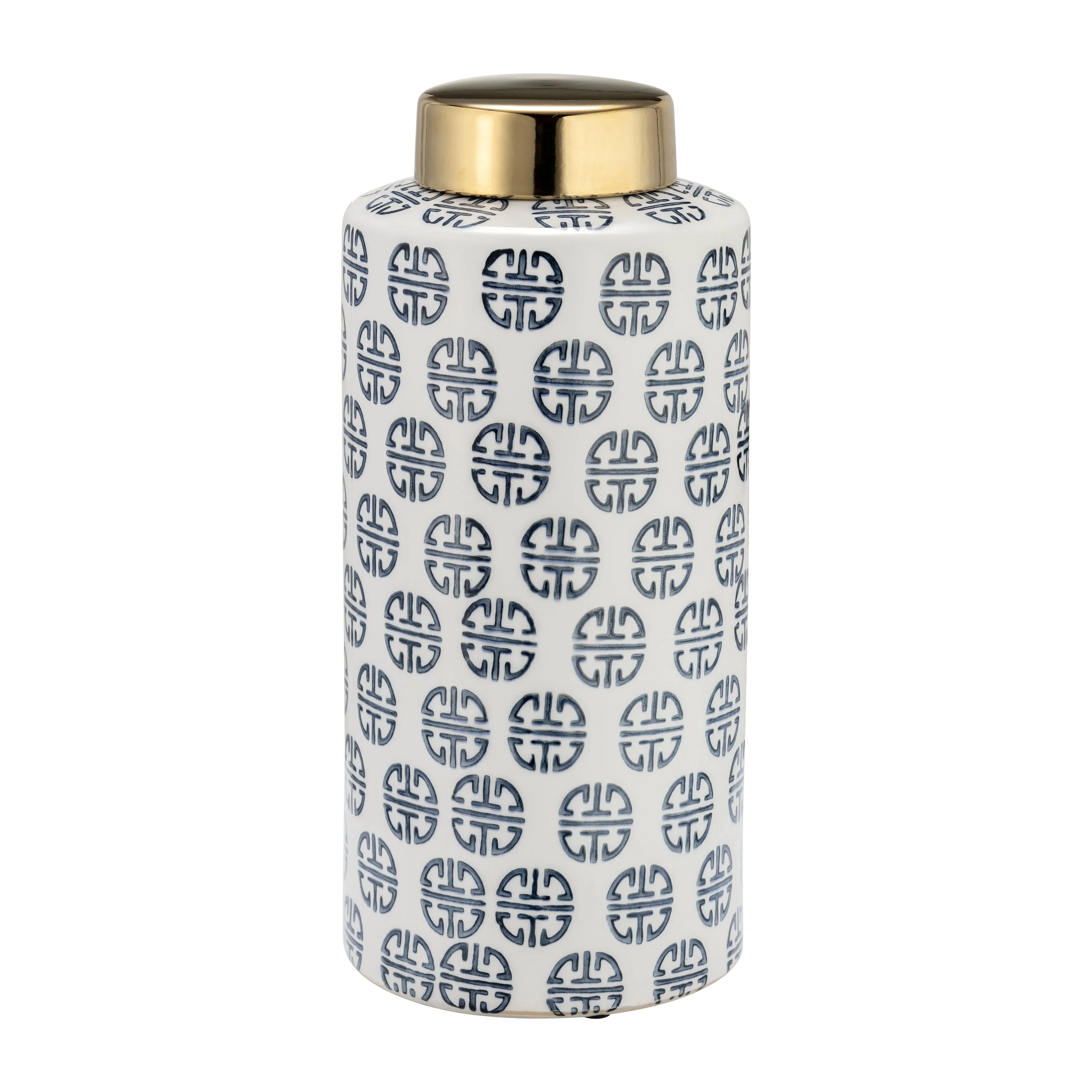 CER, 13"H MODERN GINGER JAR, NAVY/WHITE