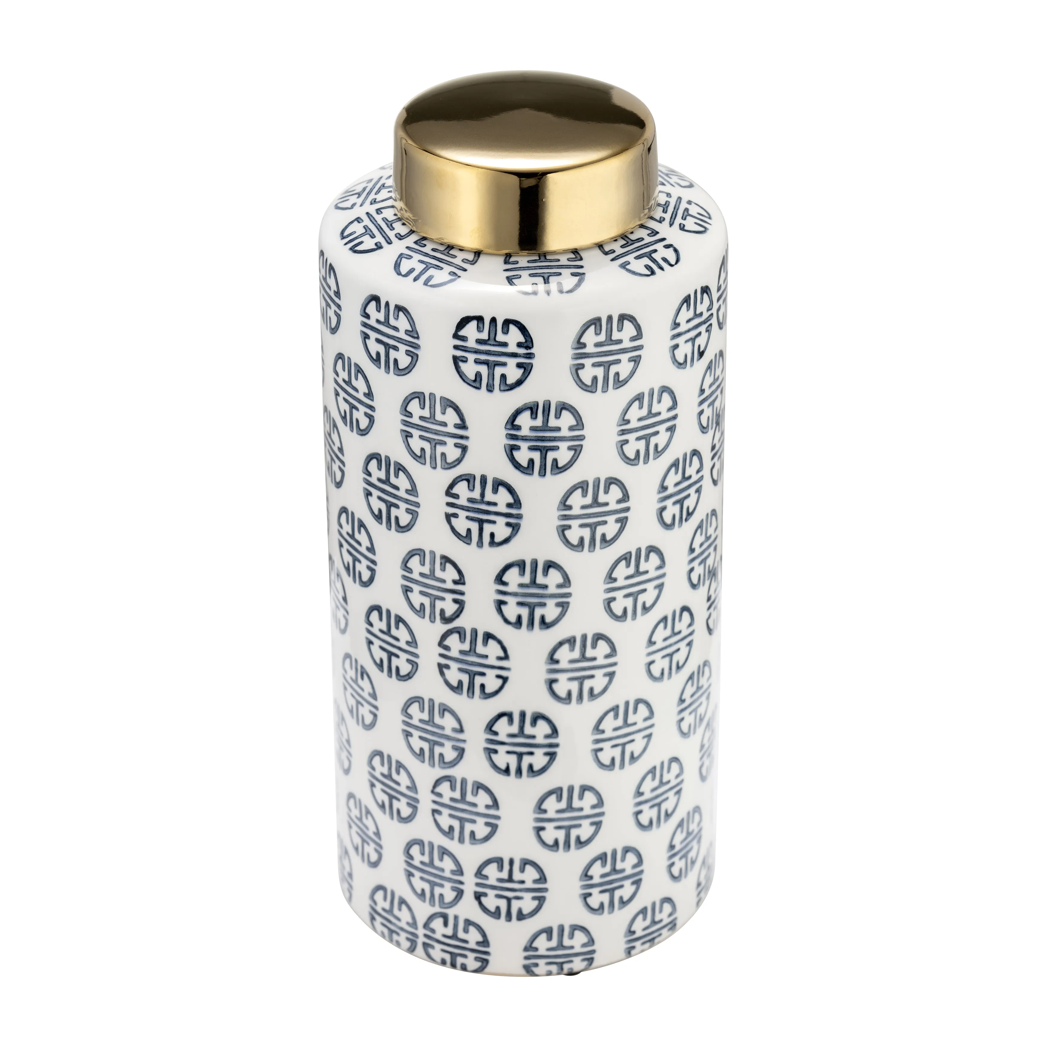 CER, 13"H MODERN GINGER JAR, NAVY/WHITE