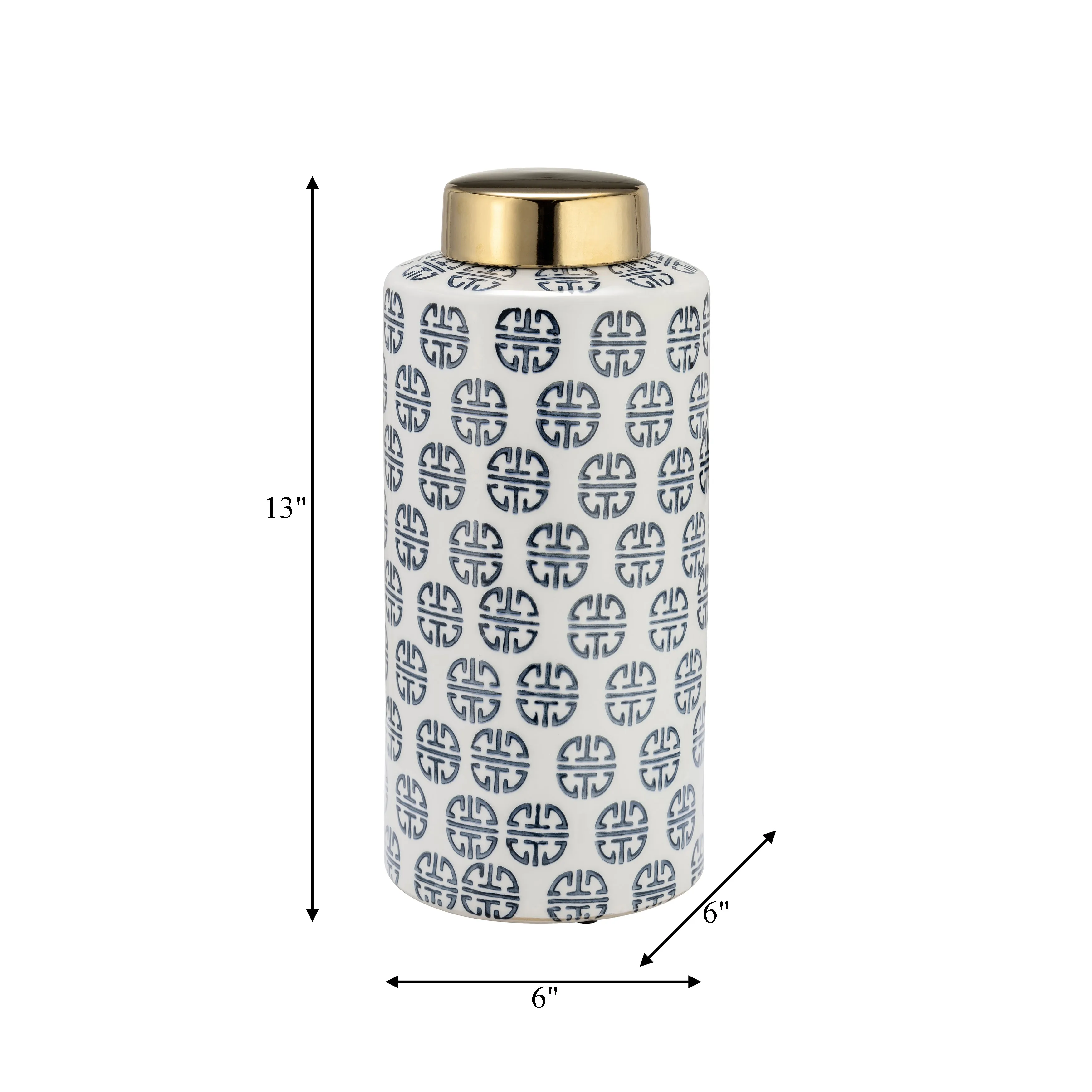CER, 13"H MODERN GINGER JAR, NAVY/WHITE