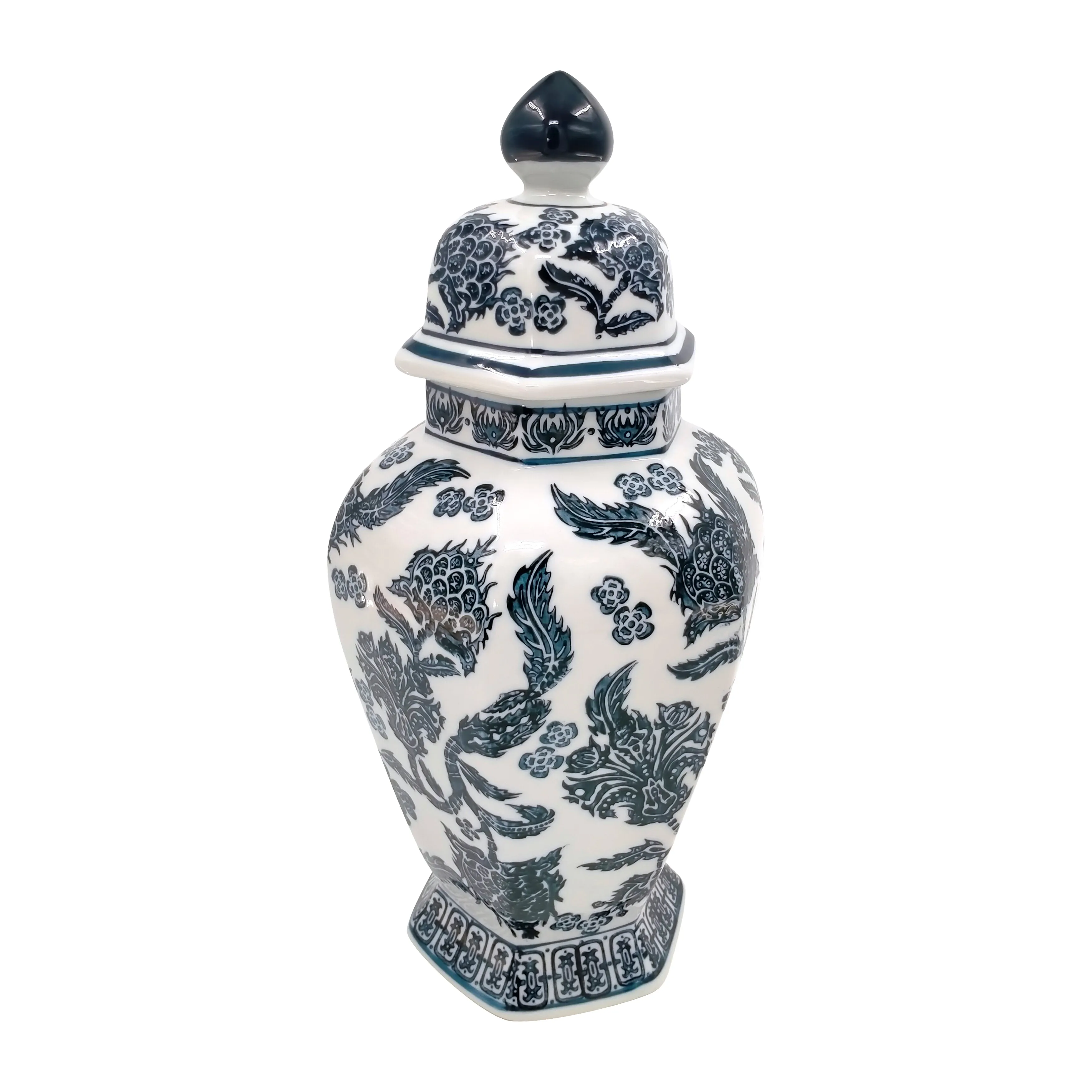 CER, 14" CHINOISERIETEMPLE JAR, DARK NAVY
