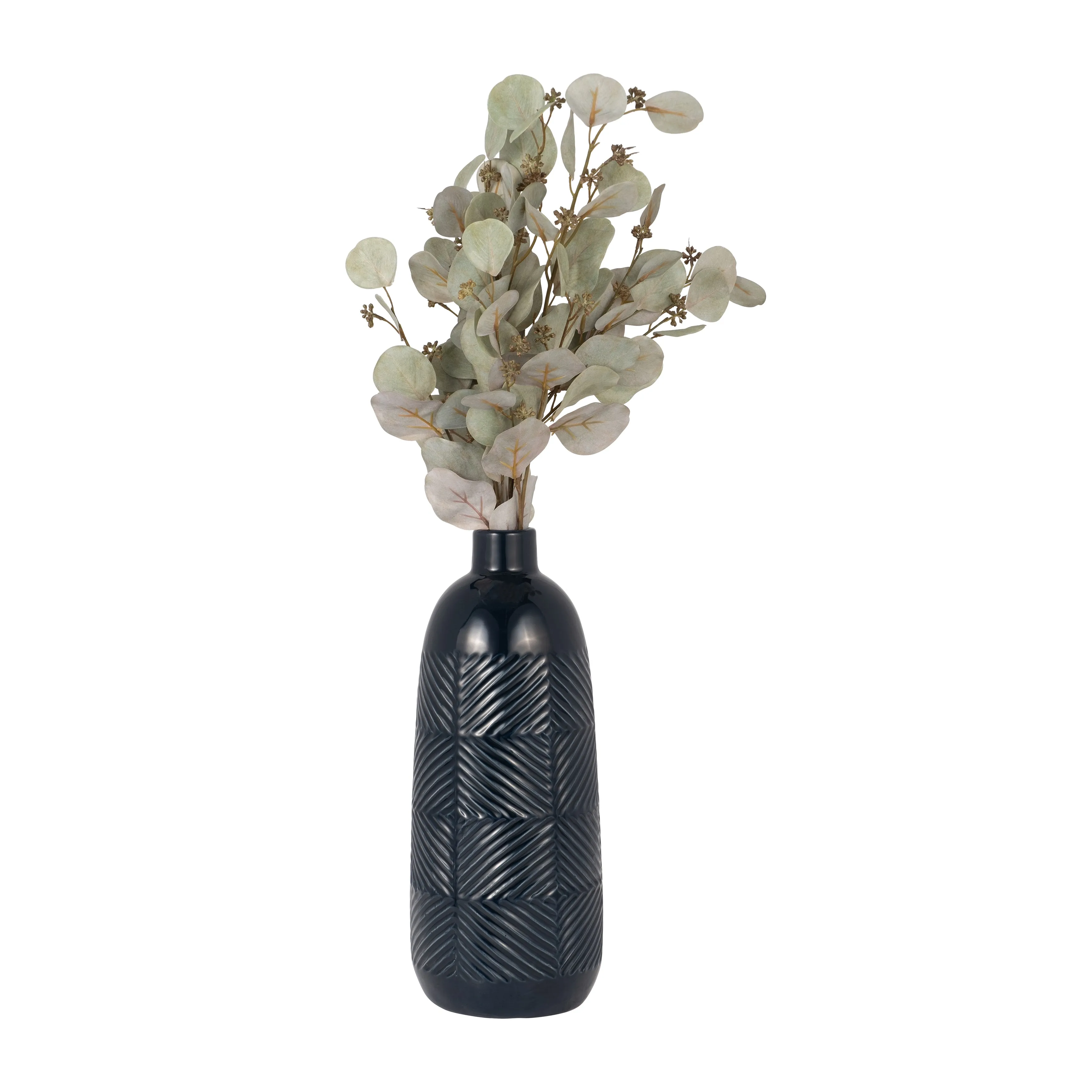 CER, 17" TEXTURED LINES VASE, NAVY