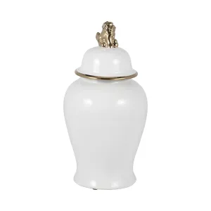 CER, 18" LION HEAD TEMPLE JAR, WHITE/GOLD