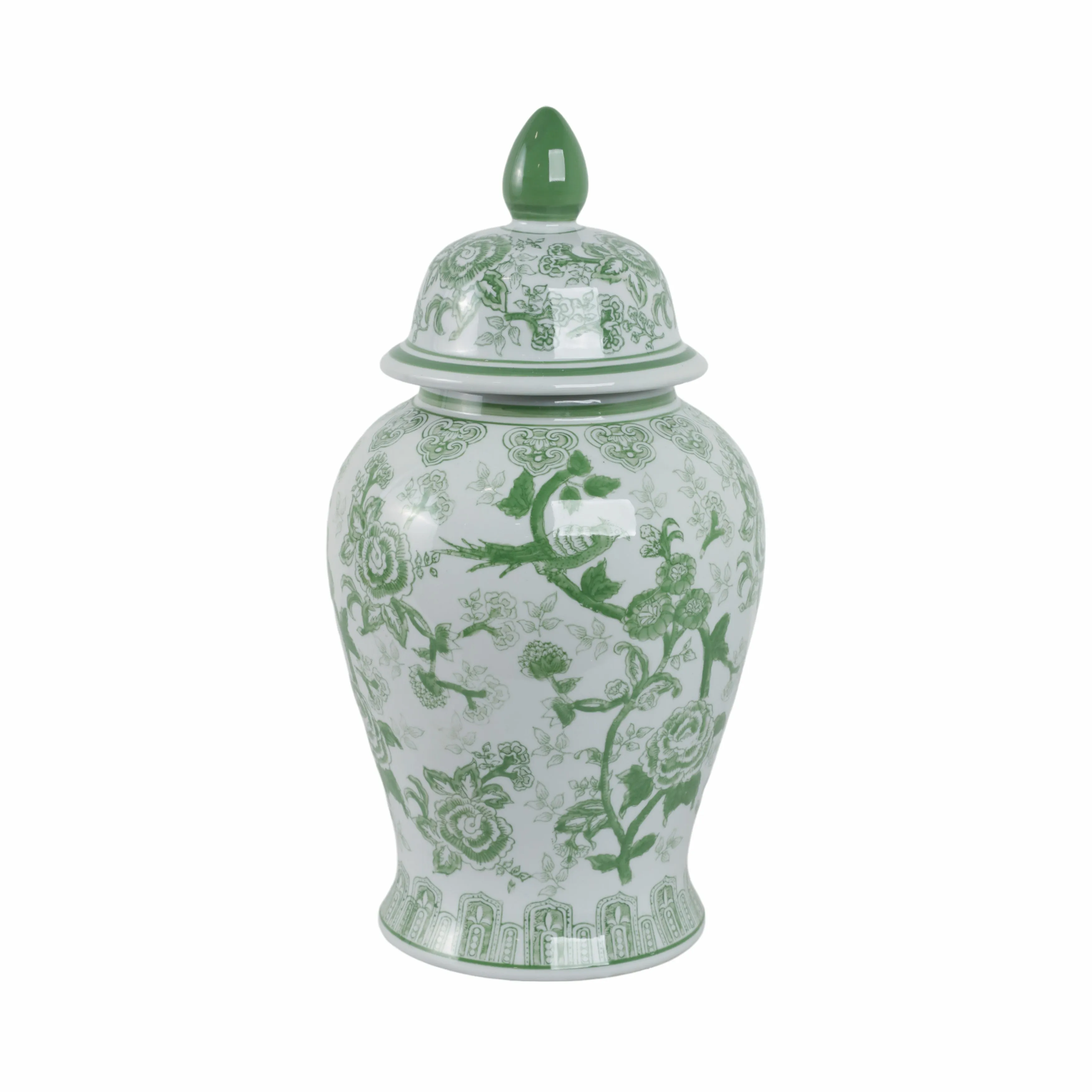 CER, 18" TEMPLE JAR BIRD/FLOWER, GREEN