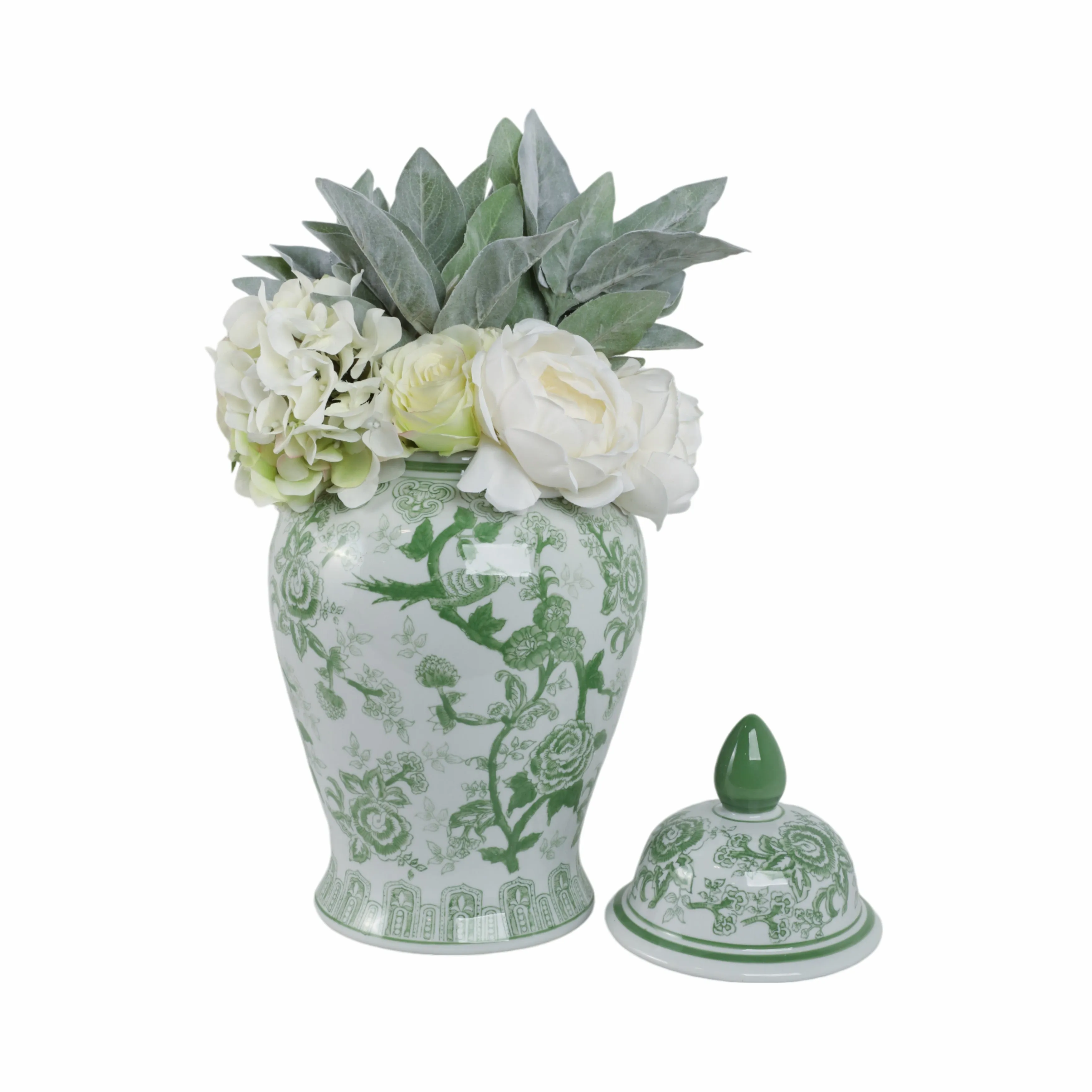 CER, 18" TEMPLE JAR BIRD/FLOWER, GREEN