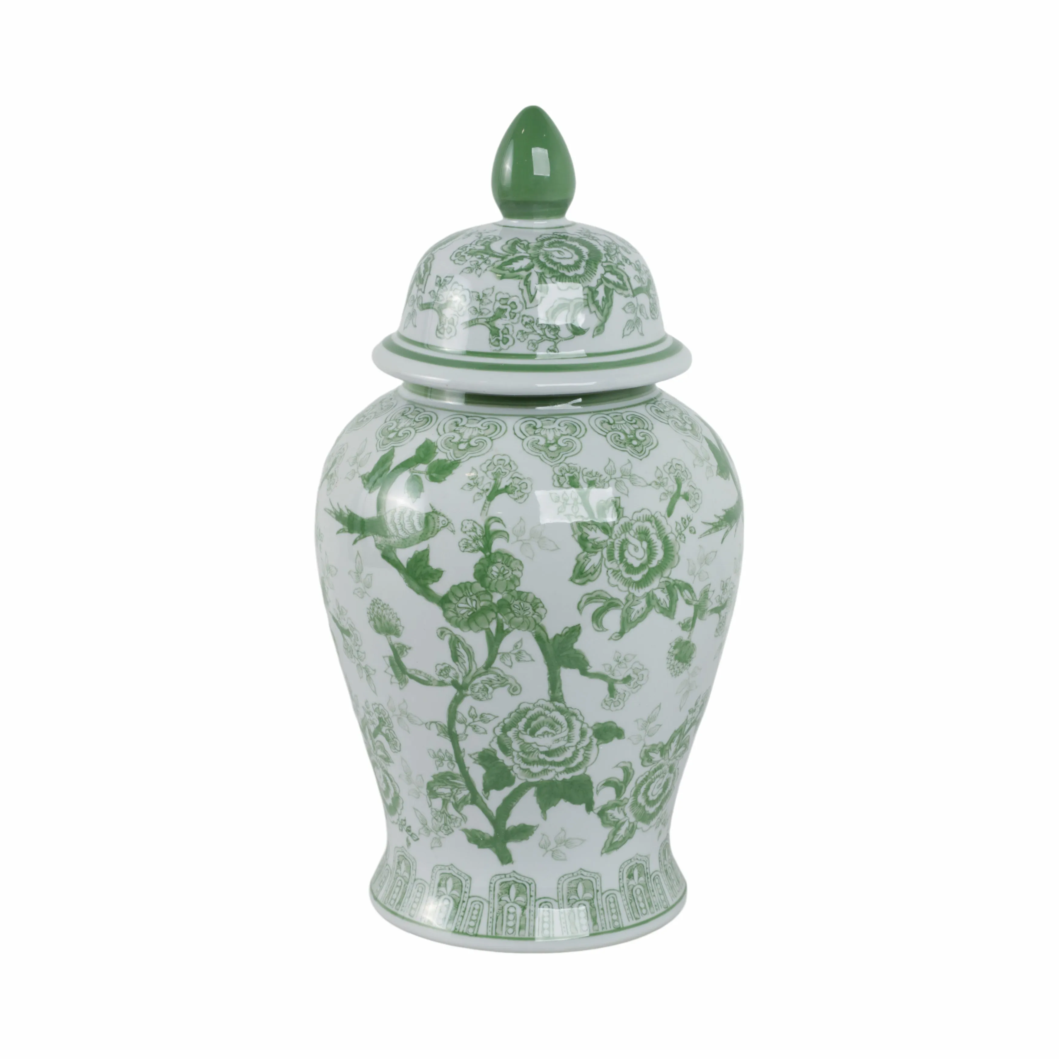 CER, 18" TEMPLE JAR BIRD/FLOWER, GREEN