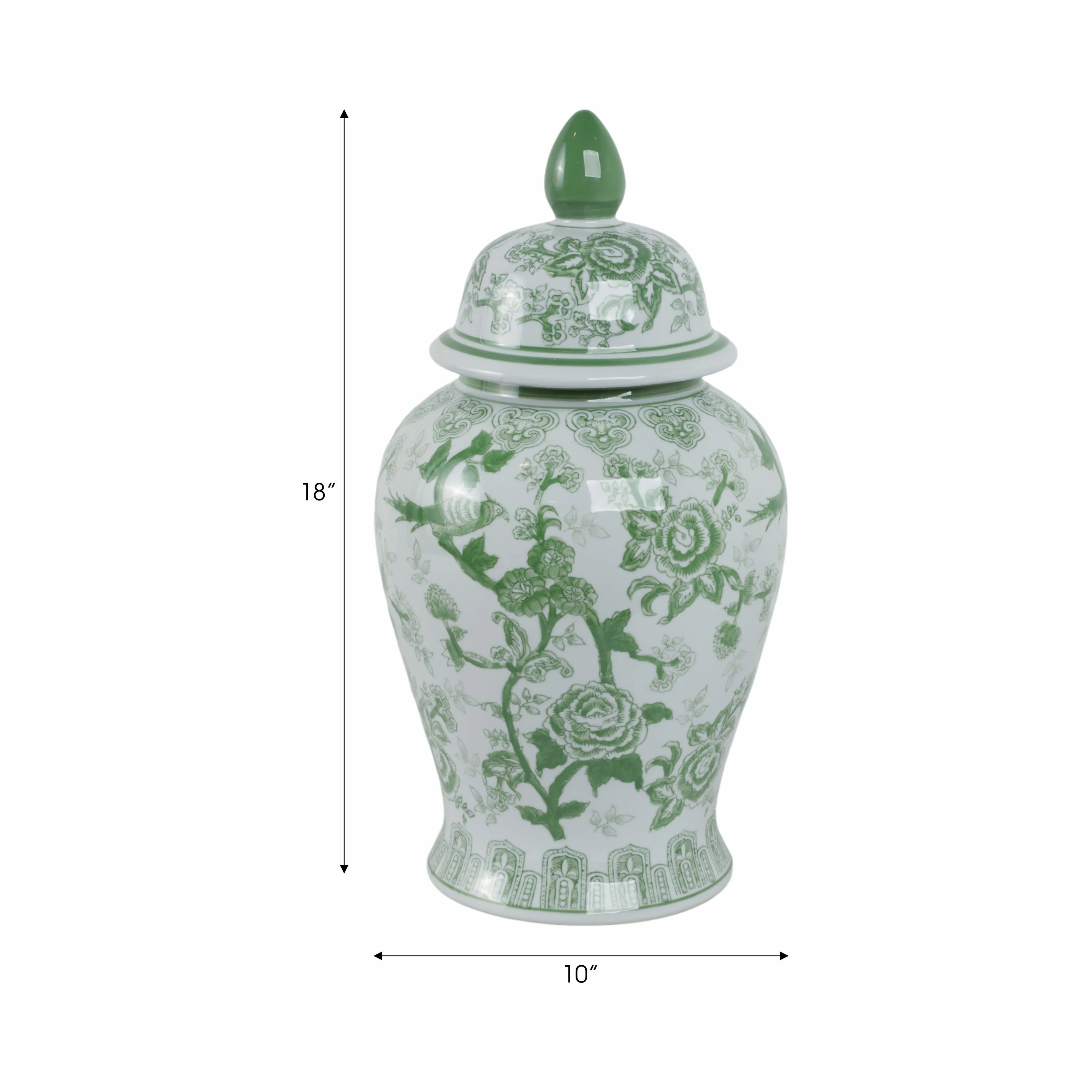 CER, 18" TEMPLE JAR BIRD/FLOWER, GREEN