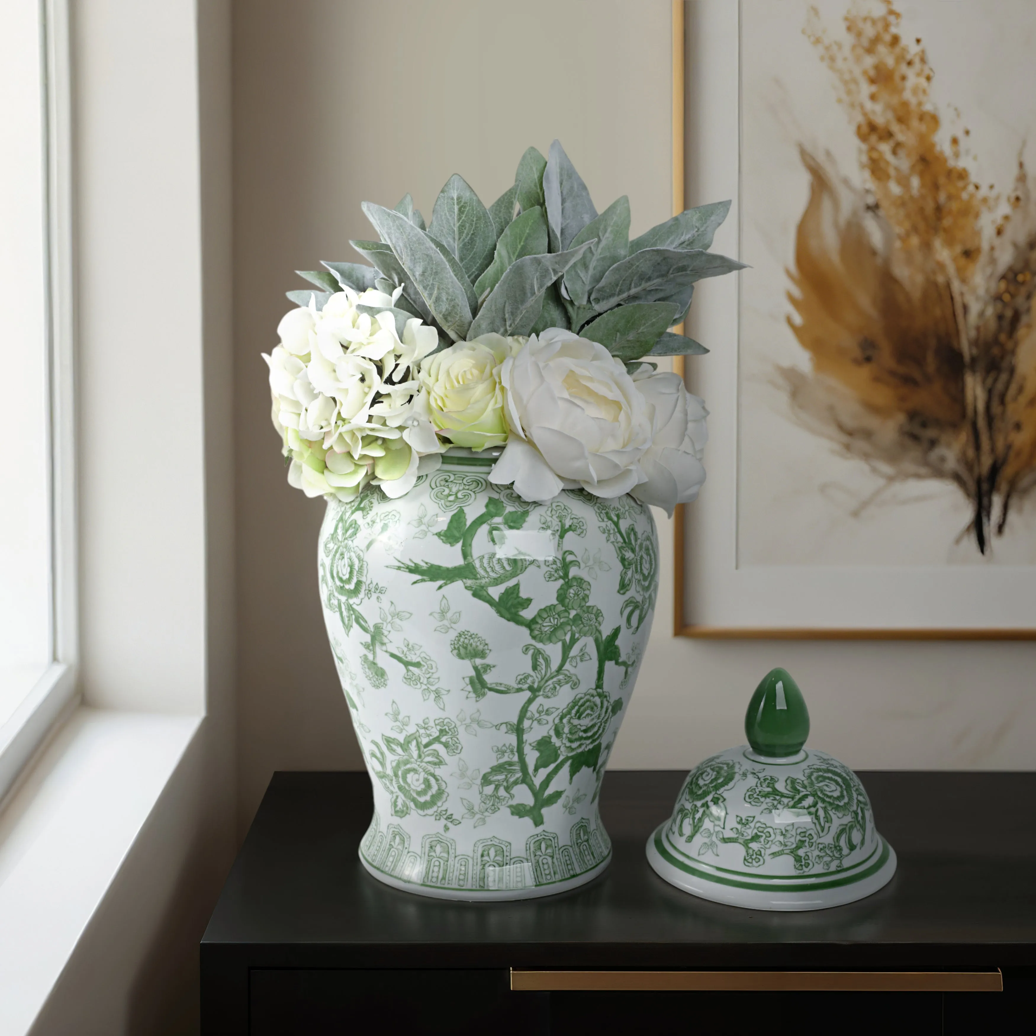 CER, 18" TEMPLE JAR BIRD/FLOWER, GREEN