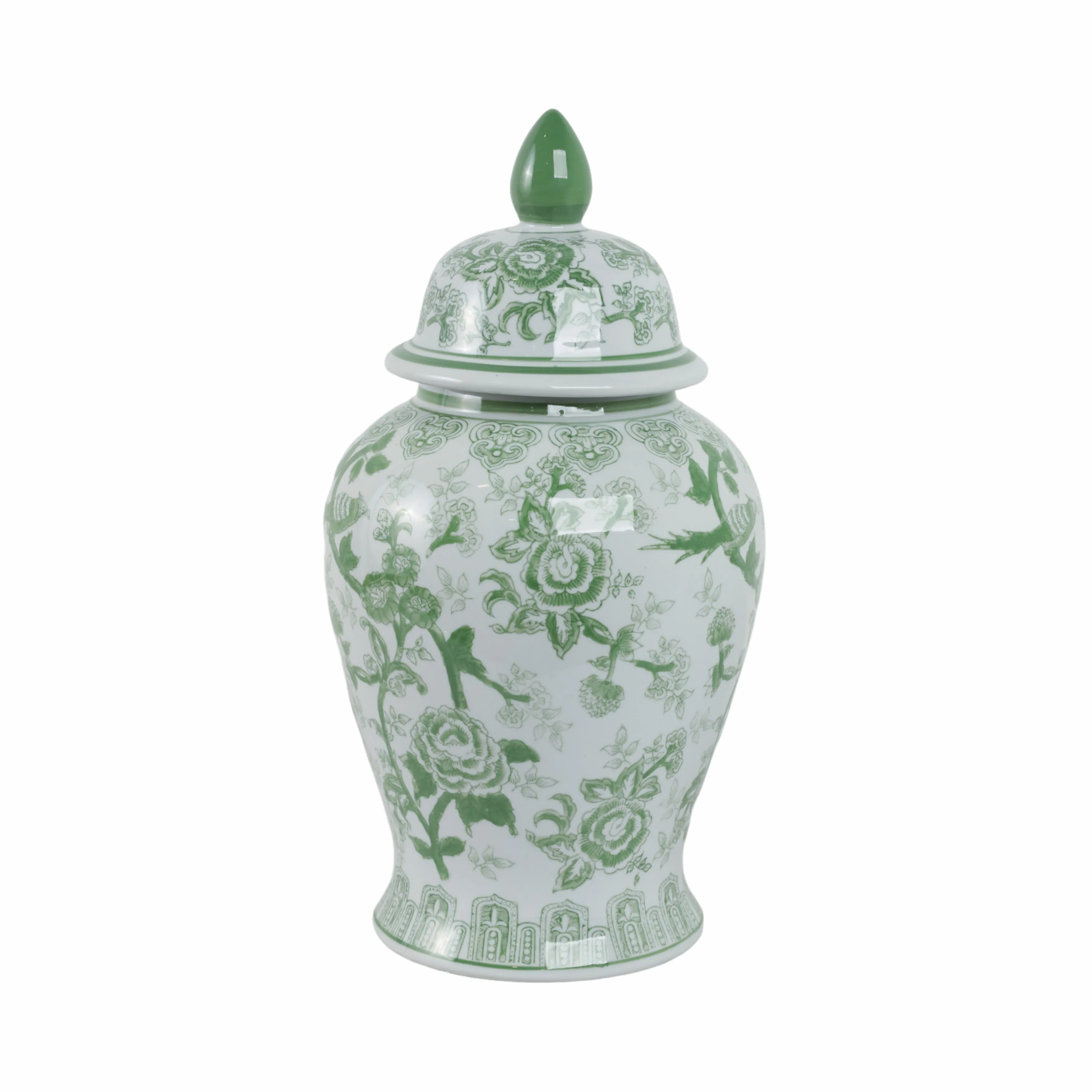 CER, 18" TEMPLE JAR BIRD/FLOWER, GREEN