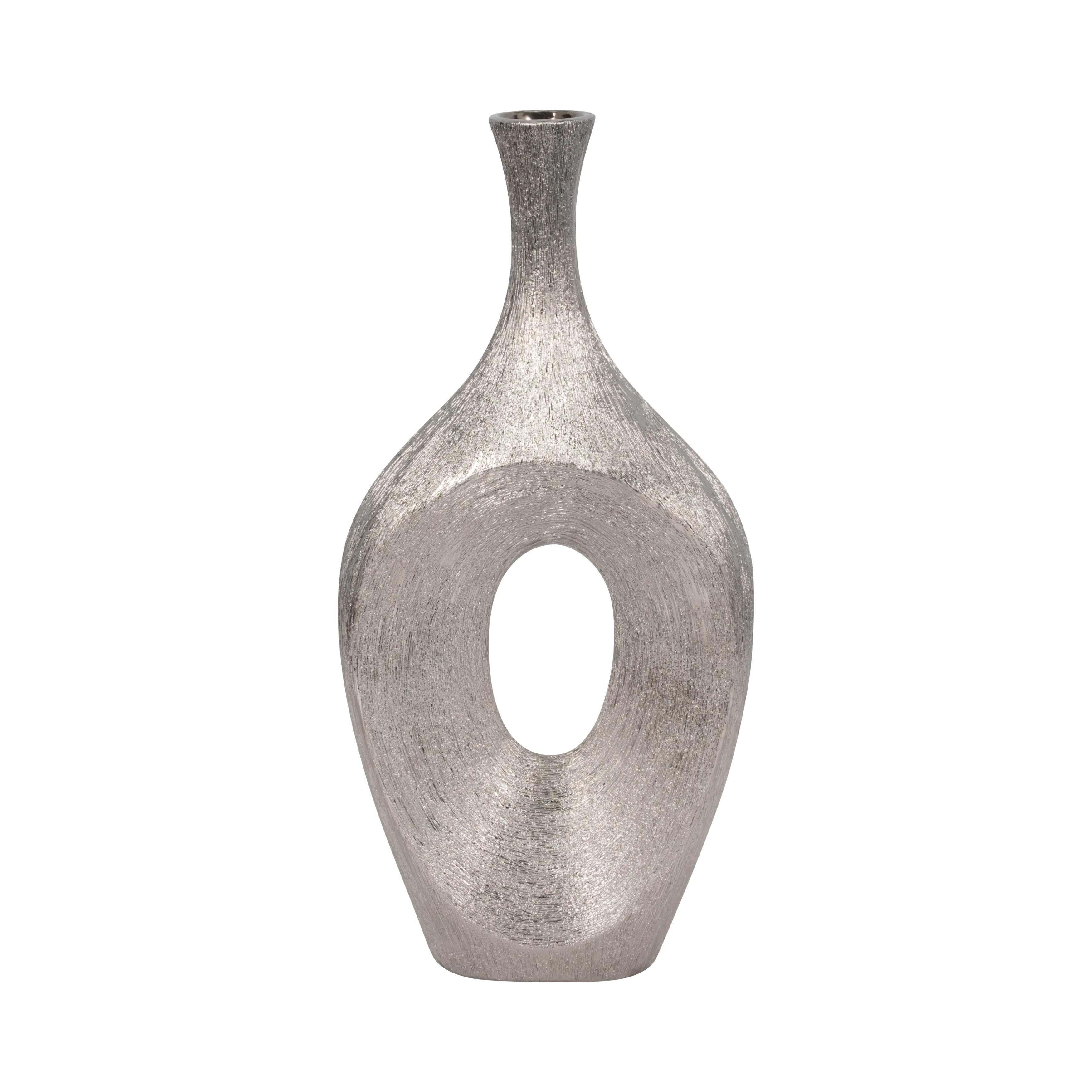 CER, 19" SCRATCHED OPEN CUT VASE, SILVER