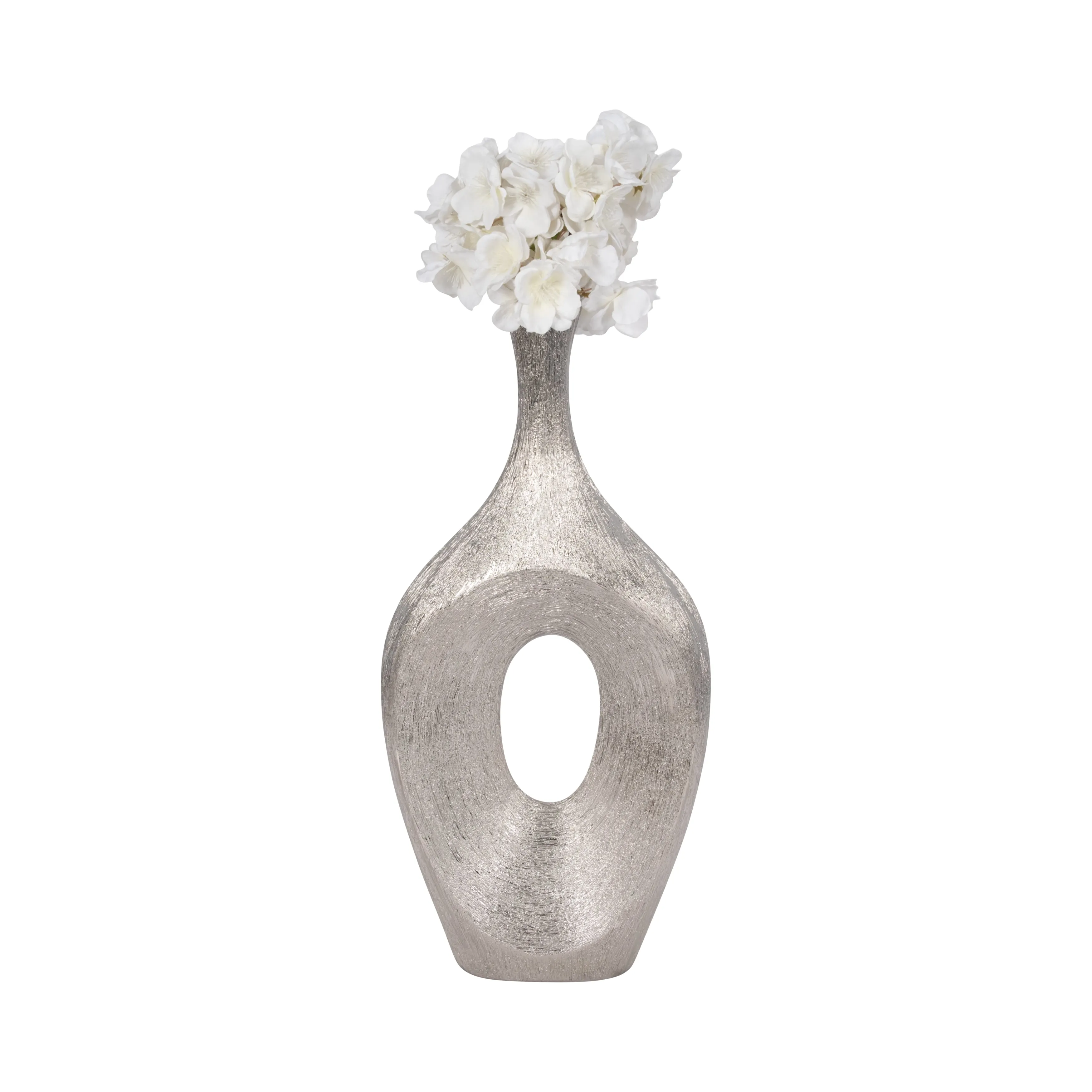 CER, 19" SCRATCHED OPEN CUT VASE, SILVER