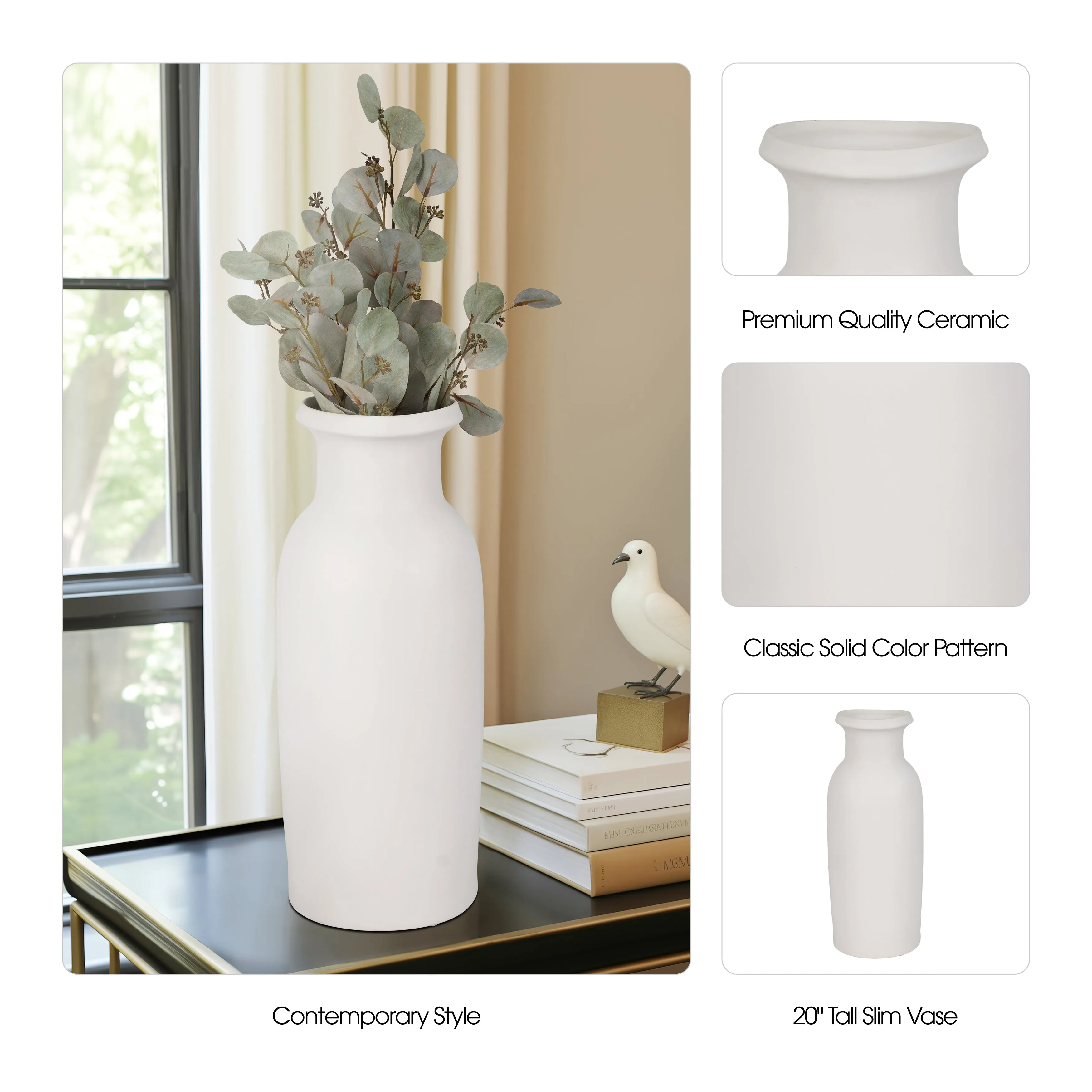 CER, 20"H TALL SLIM VASE, WHITE
