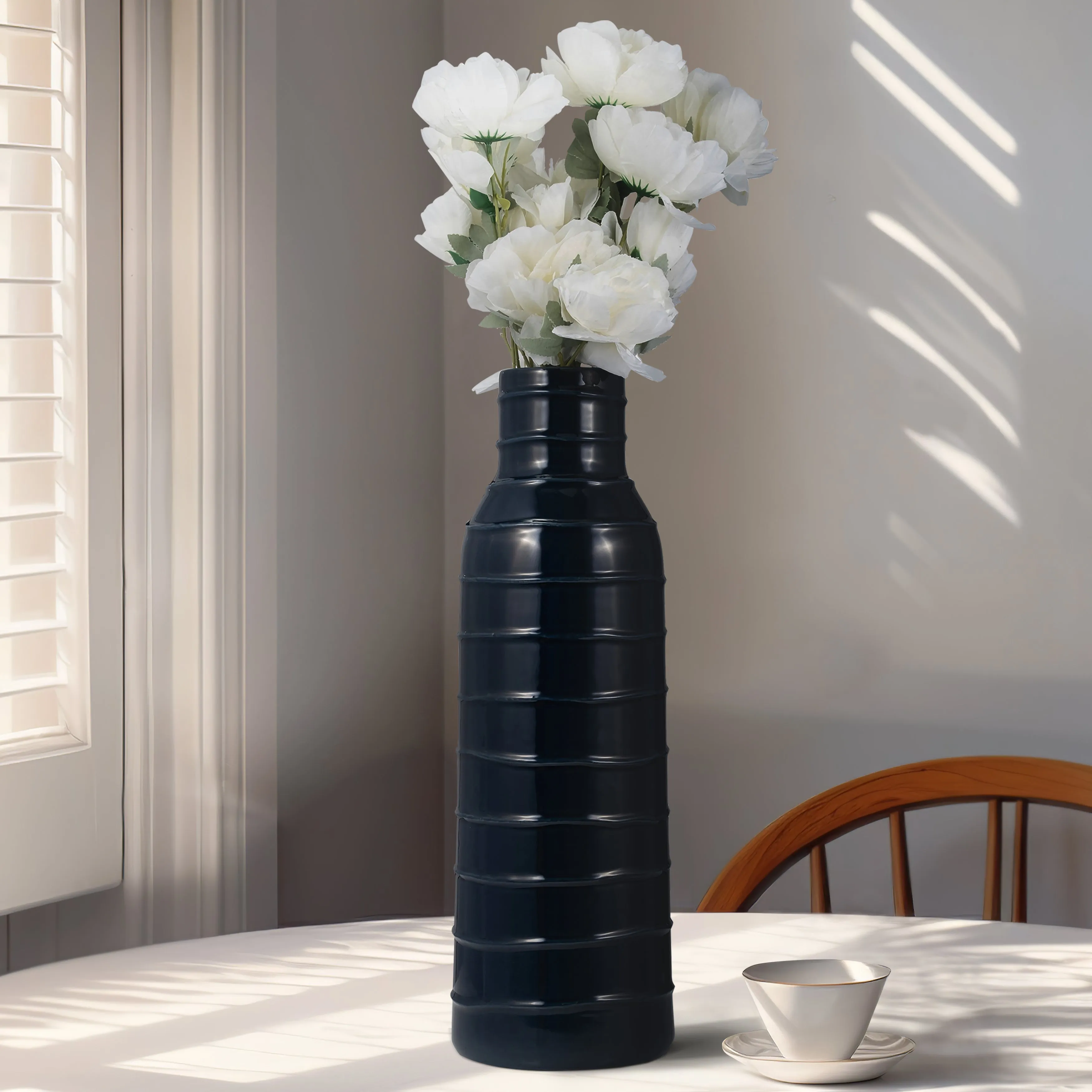 CER, 20"H TRIBAL VASE, NAVY BLUE