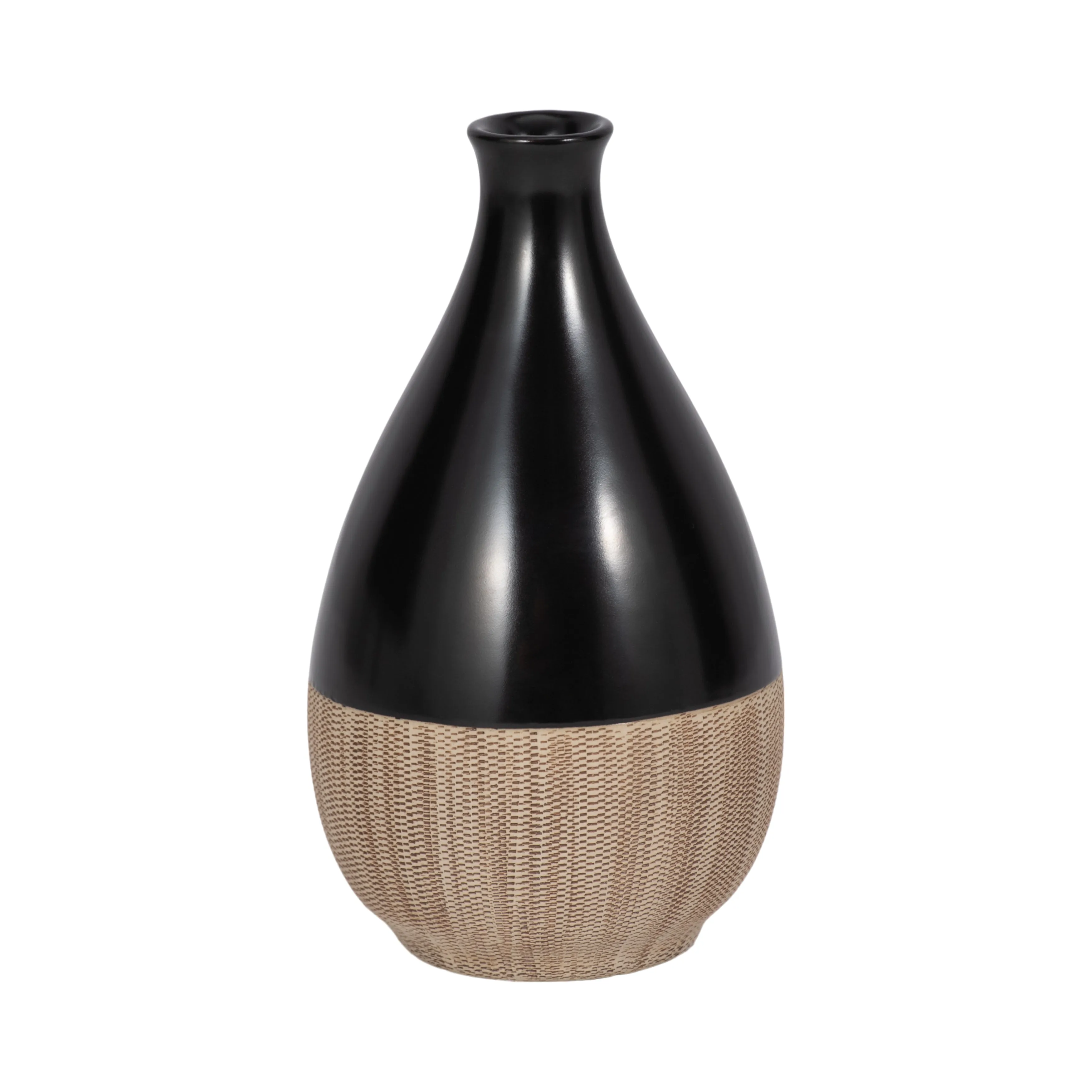 CER, 7"H 2-TONE TEARDROP VASE, CREME/BLK