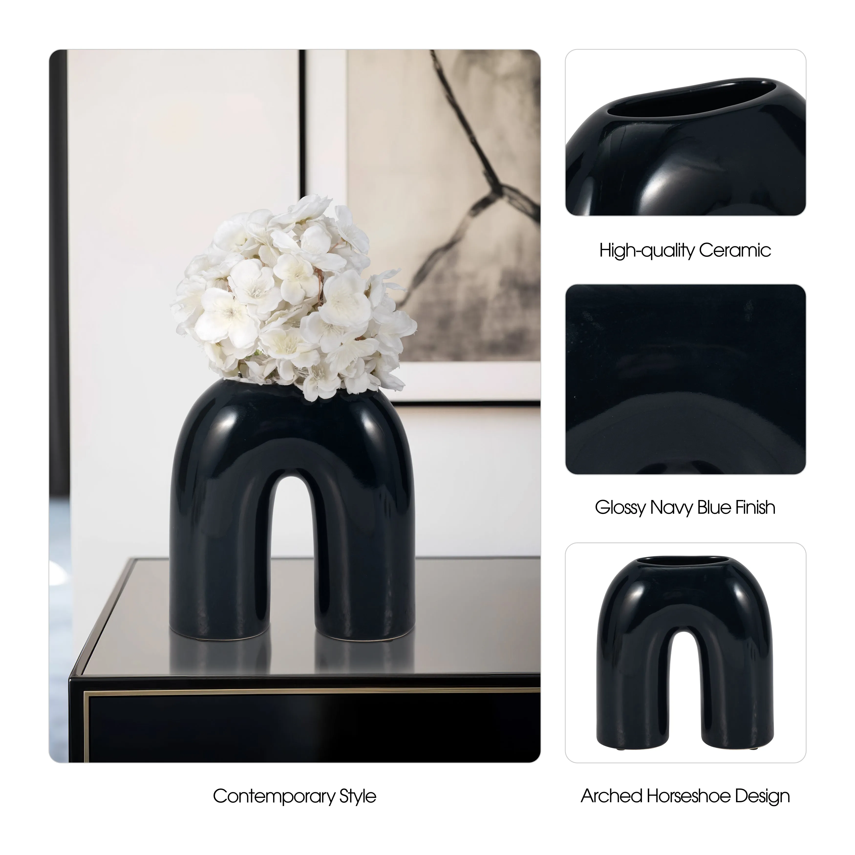 CER, 8" HORSESHOE VASE, NAVY BLUE