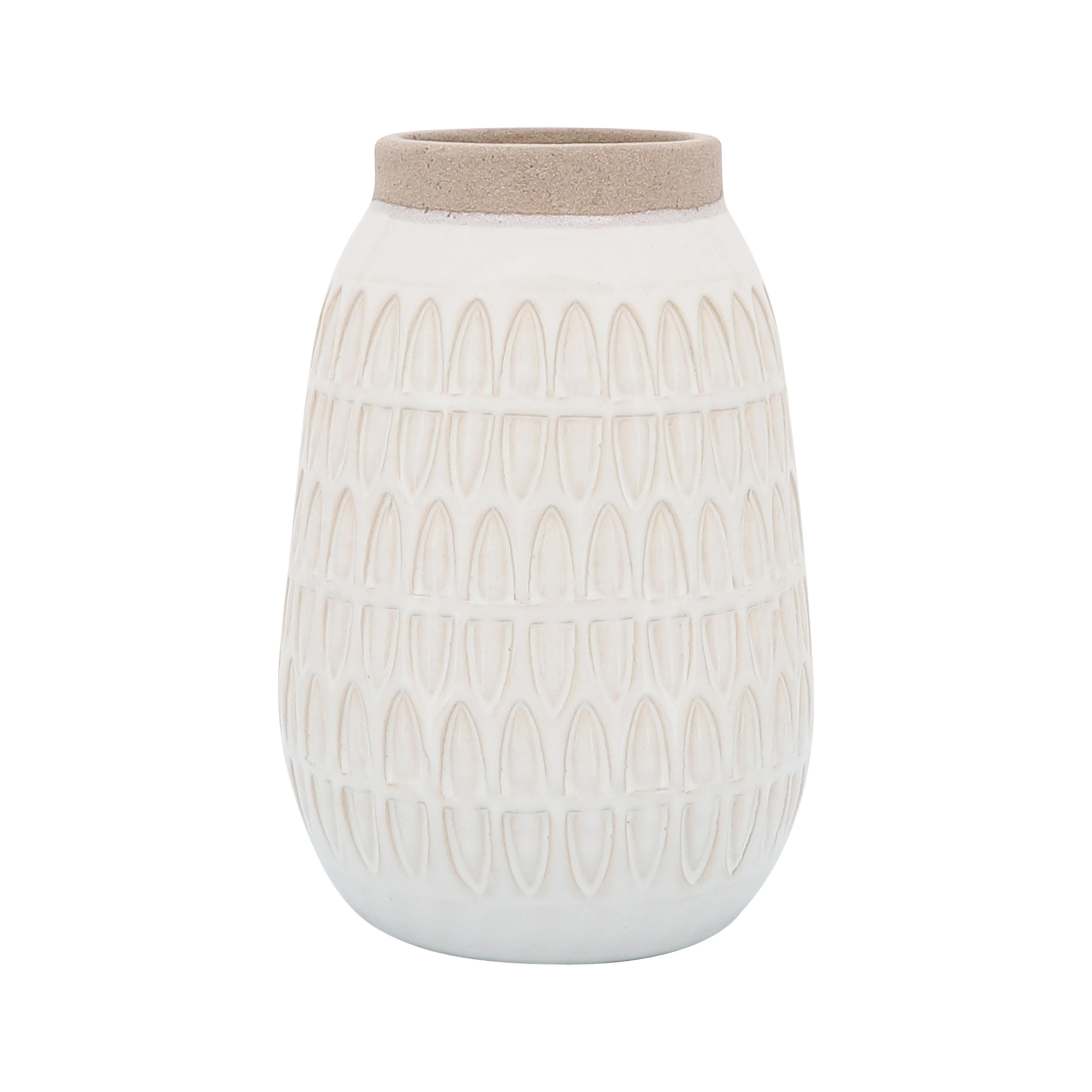 CER, 8"H CARVED VASE, BEIGE
