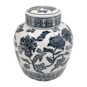 CER, 9" ROUNDED CHINOISERIE JAR W/ LID, DRK NVY